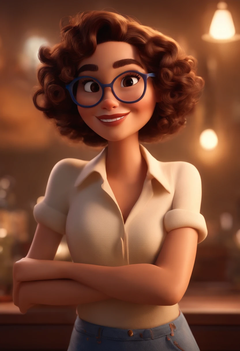 Pixar style image with 3D character white glasses brunette woman short curly hair dancing, Maquiagem Disney,Pescador, bonitinho, sorridente ,Close-up, Pixar, Disney, Cinema lighting,