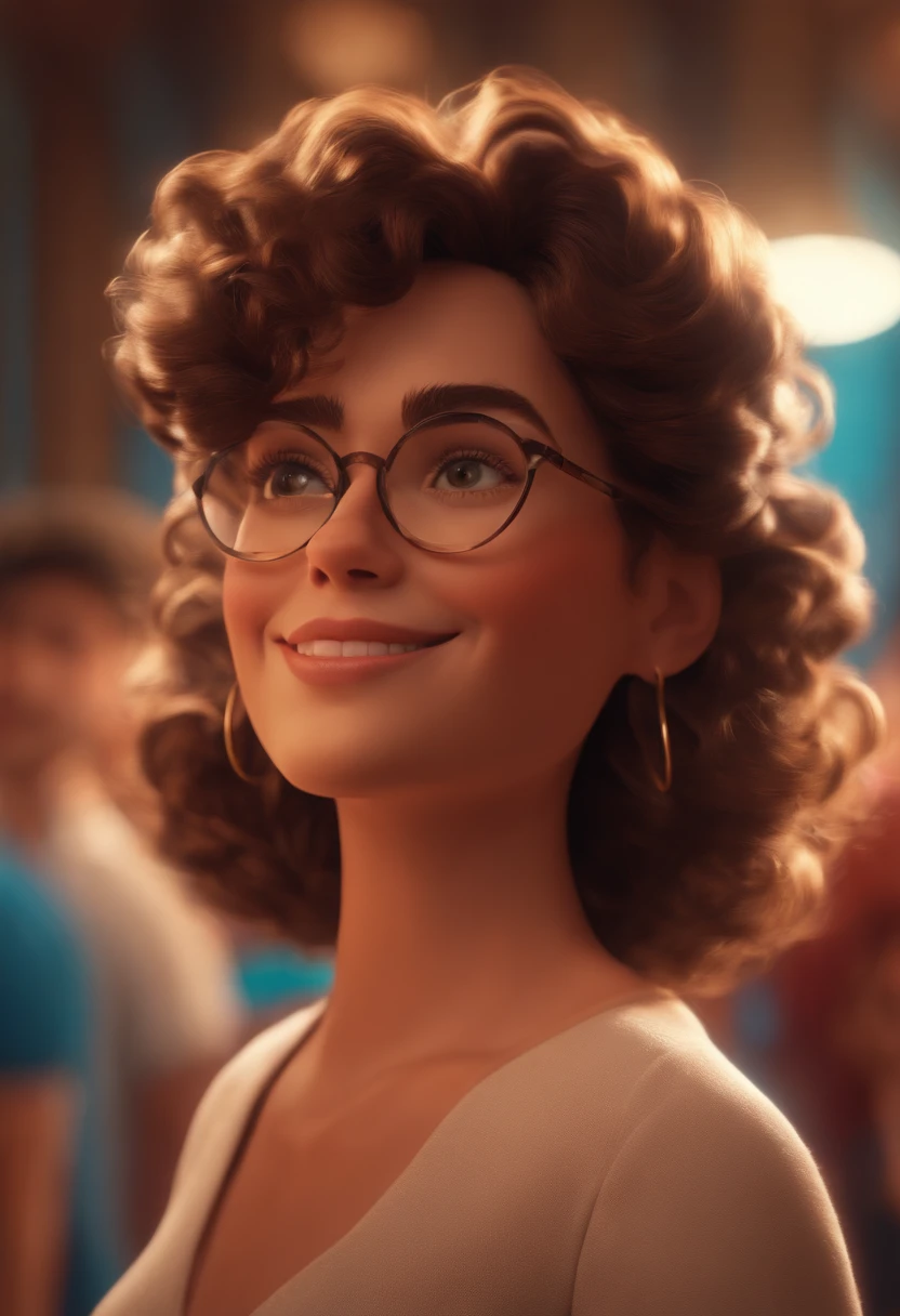 Pixar style image with 3D character white glasses brunette woman short curly hair dancing, Maquiagem Disney,Pescador, bonitinho, sorridente ,Close-up, Pixar, Disney, Cinema lighting,