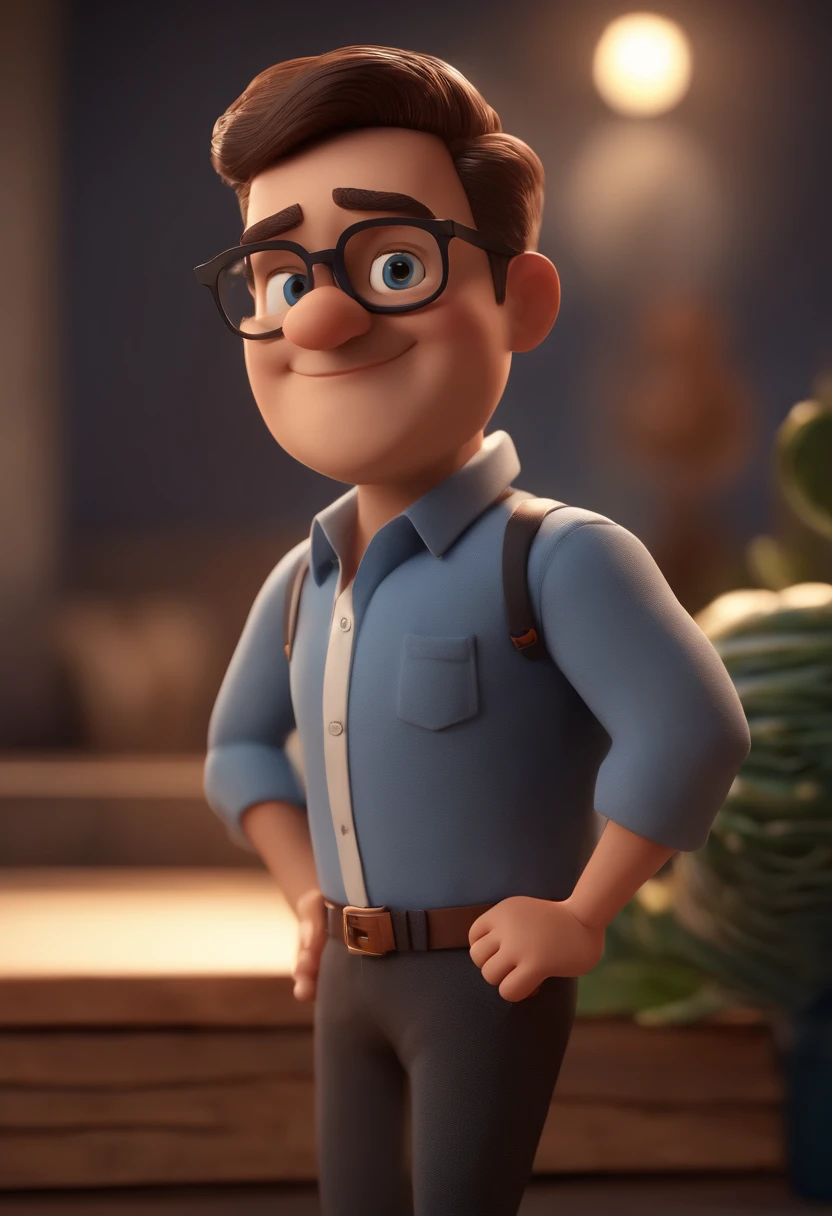 Cartoon character of a man with black glasses and a blue shirt, animation character, Caractere estilizado, animation style rendering, 3D estilizado, Arnold Maya render, 3 d render stylized, toon render keyshot, Personagem 3D, Personagem 3D, 3d rendering stylized, 3 d character render, personagem de desenho animado, Personagem de close up, Pose de personagem, (Estilo Pixar) (master part:1.2) (Bokeh) (best quality) (pele detalhada) (textura detalhada) (8k) (argila) (Cinematic lighting) (foco nítido