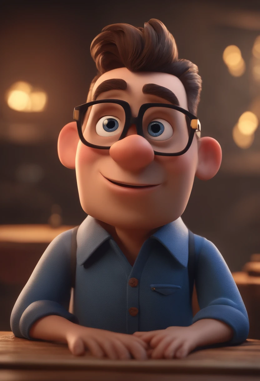 Cartoon character of a man with black glasses and a blue shirt, animation character, Caractere estilizado, animation style rendering, 3D estilizado, Arnold Maya render, 3 d render stylized, toon render keyshot, Personagem 3D, Personagem 3D, 3d rendering stylized, 3 d character render, personagem de desenho animado, Personagem de close up, Pose de personagem, (Estilo Pixar) (master part:1.2) (Bokeh) (best quality) (pele detalhada) (textura detalhada) (8k) (argila) (Cinematic lighting) (foco nítido