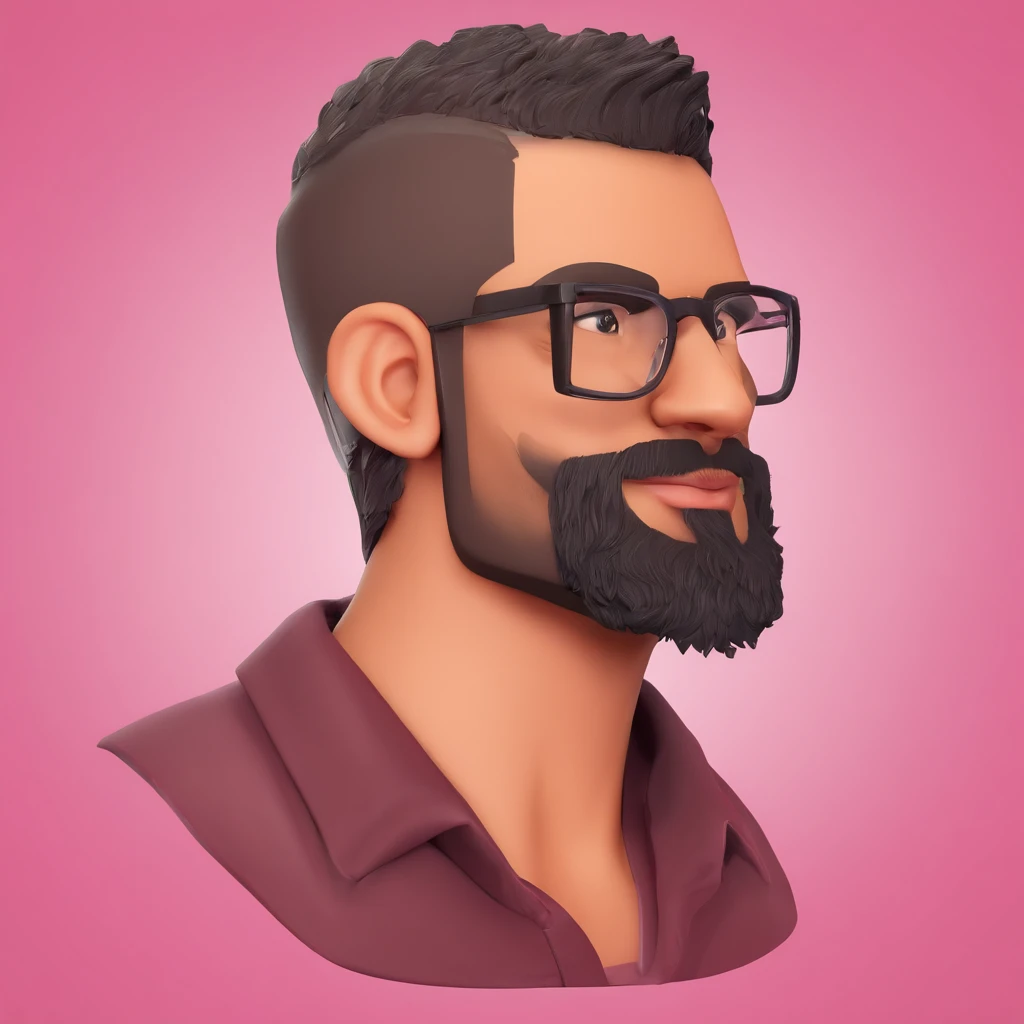 Criar imagem 3D. Trata-se de um homem de 35 anos, com barba levemente grisalha e alongada no queixo, negro, tattoos on arms, com cabelos castanhos curtos e raspados na lateral, sign on the face near the nose, alargador pequeno nas orelhas, brown eyes and glasses. Ele deve estar na frente de um computador na escola, camiseta rosa, colar de crucifixo prata