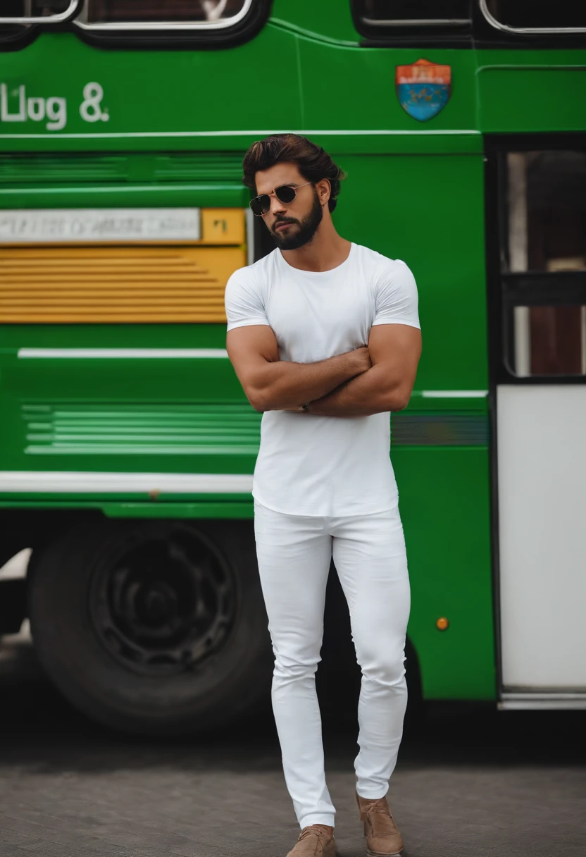 Um homem de 28 anos  moreno, alto e magro cabelos lisos e grisalhos, de cavanhaque curto, com roupa social camisa branca, In the background a white and green colored bus,