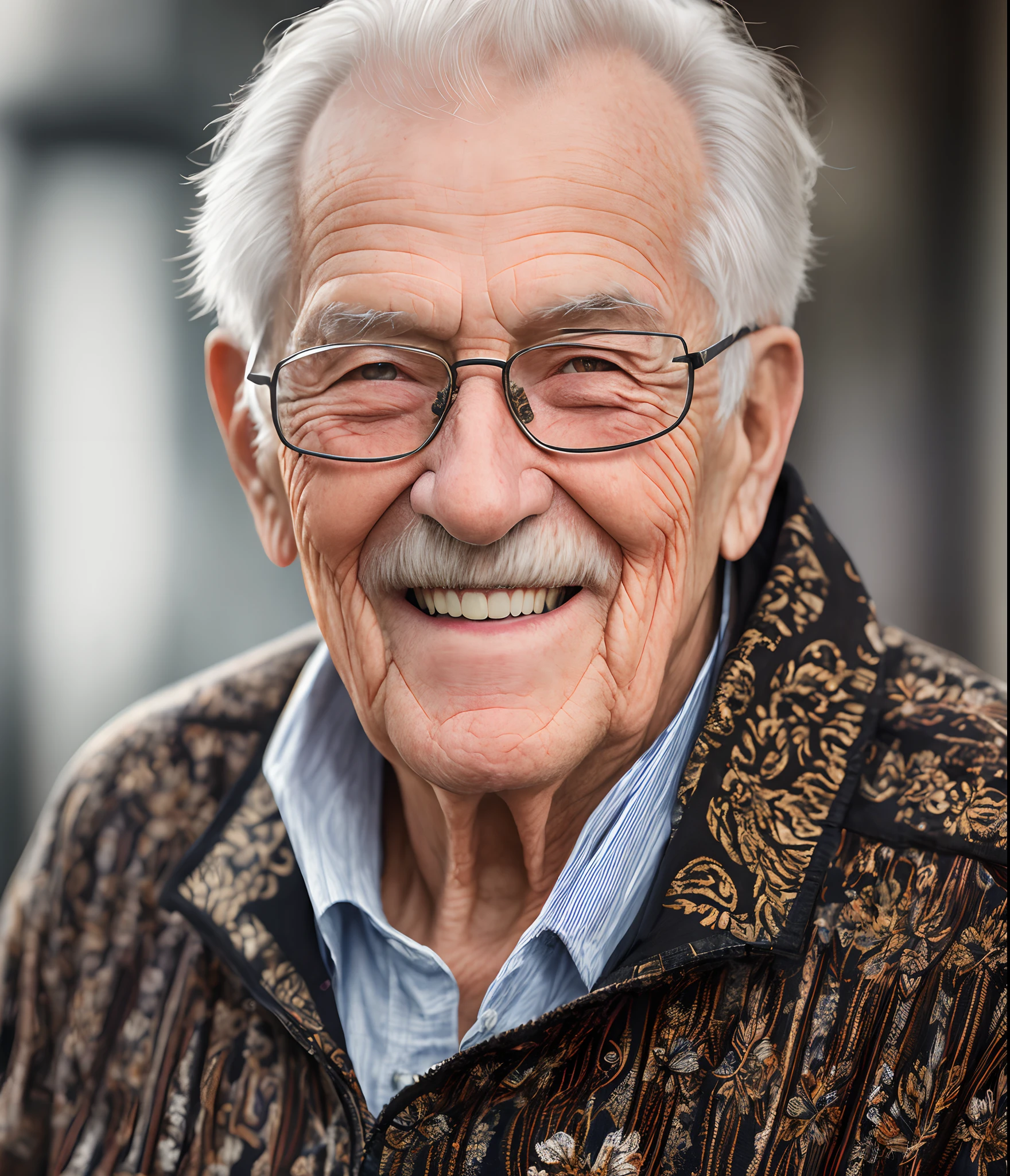 Pixarstyle A waist-high portrait of an elderly man with social clothes, smile, natural skin texture, 4K textures, HDR, intricate, highly detailed, sharp focus, cinematic look, hyper-detailed