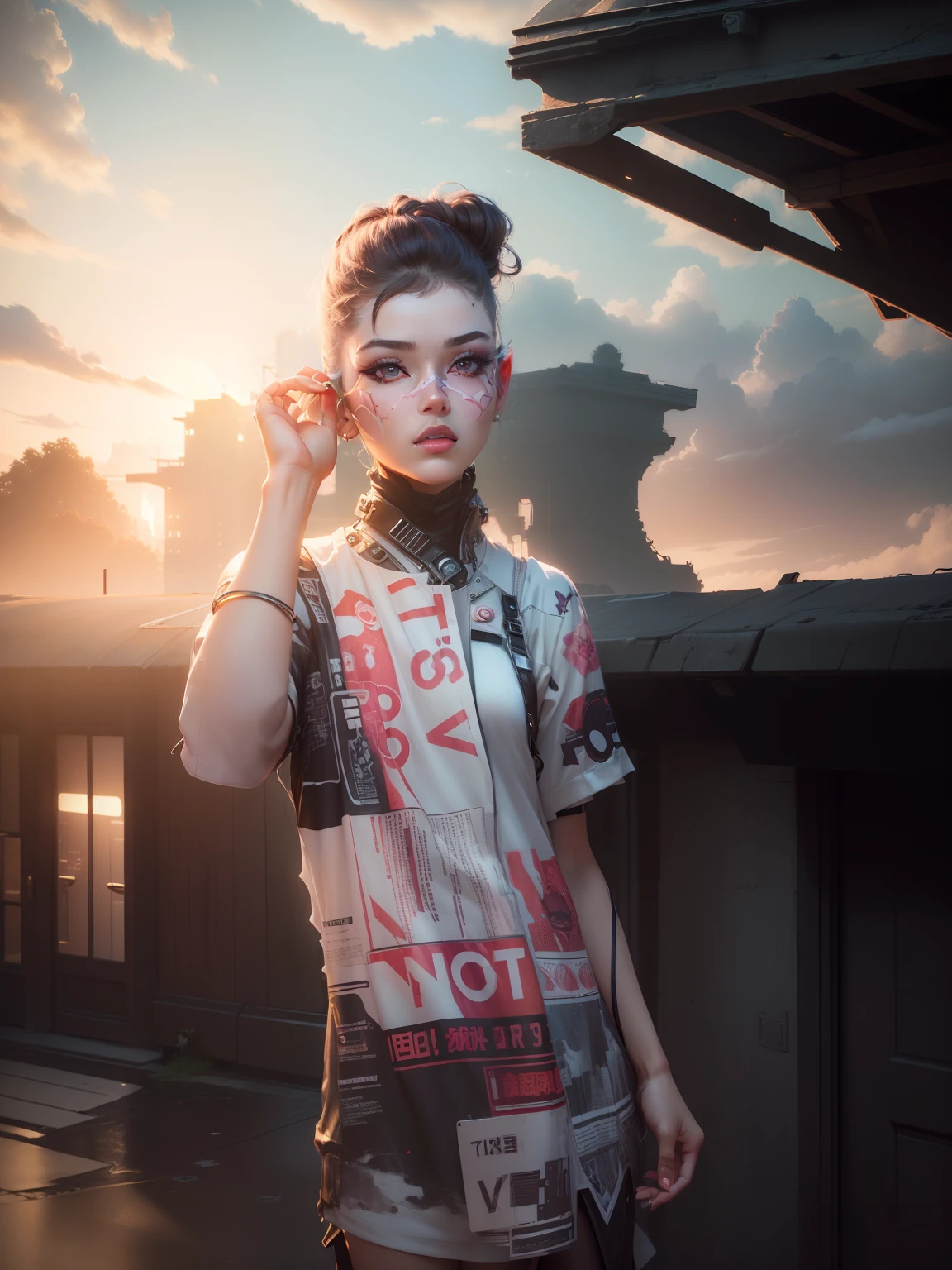 (((masterpiece)))、(((top-quality)))、((ultra-definition))、(High Definition CG Illustration)、((extremely delicate and beautiful))、Cyber City、Cinematic Light、Girl with a sheared hairstyle、unconventional、Cyber Girl、2080s、animesque、girl with、facepaint、Face tattoos、trending on artstationh、Rachel Walker