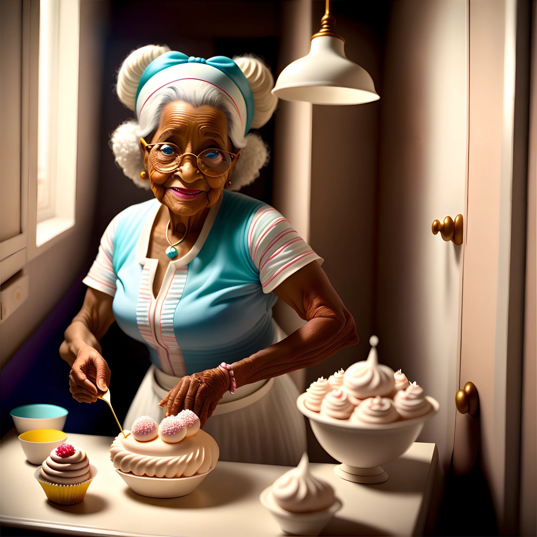 Um poster 3D inspirado na Disney Pixar, uma mulher de 40 anos pele clara, olhos azuis e cabelo comprido cacheado loiro
, na boca sorridente batom marrom, na roupa avental marrom, illuminated by the light of a lamp, contra o pano de fundo de uma cozinha americana, na parede com prateleiras e quadros , Woman is making a cream cake on the table, cupcakes, brigadeiros and mixer