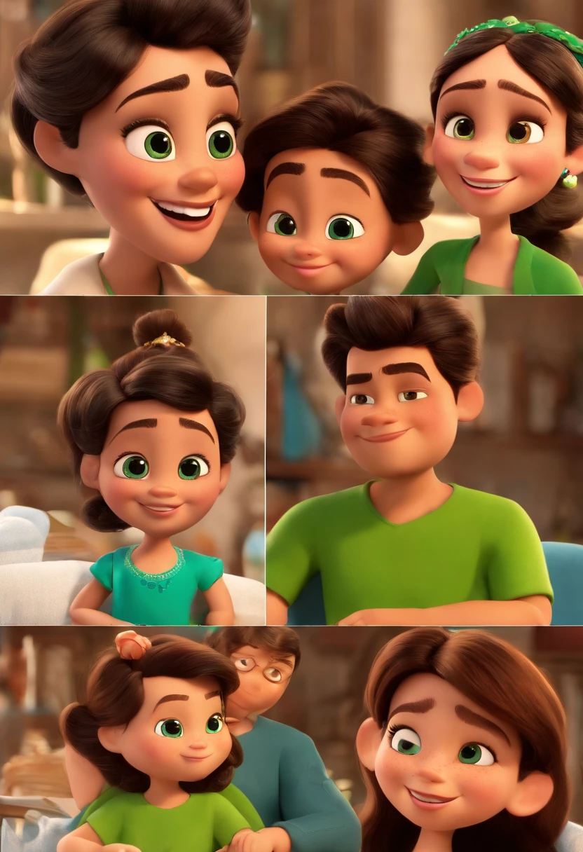 Create a Disney PIXAR-style 3D poster. ((centro da imagem, Family of 4)), ((Father and mother)) ((2 children)) ((O pai tem cabelo estilo militar castanho escuro e pele clara e barba castanho escuro e olhos verdes)) ((The mother has fair skin, cabelo longo amarelo e olhos verdes)) ((1 boy in front of mom and 1 girl in front of dad, They're hugging each other, O menino tem pele clara e cabelos amarelo e olhos castanhos verdes, 1 menina tem pele clara, olhos verdes e cabelos amarelos lisos)) ((tudo isso no estilo Disney PIXAR 3D, In the background, A paradisiacal beach with a soft beam of light))