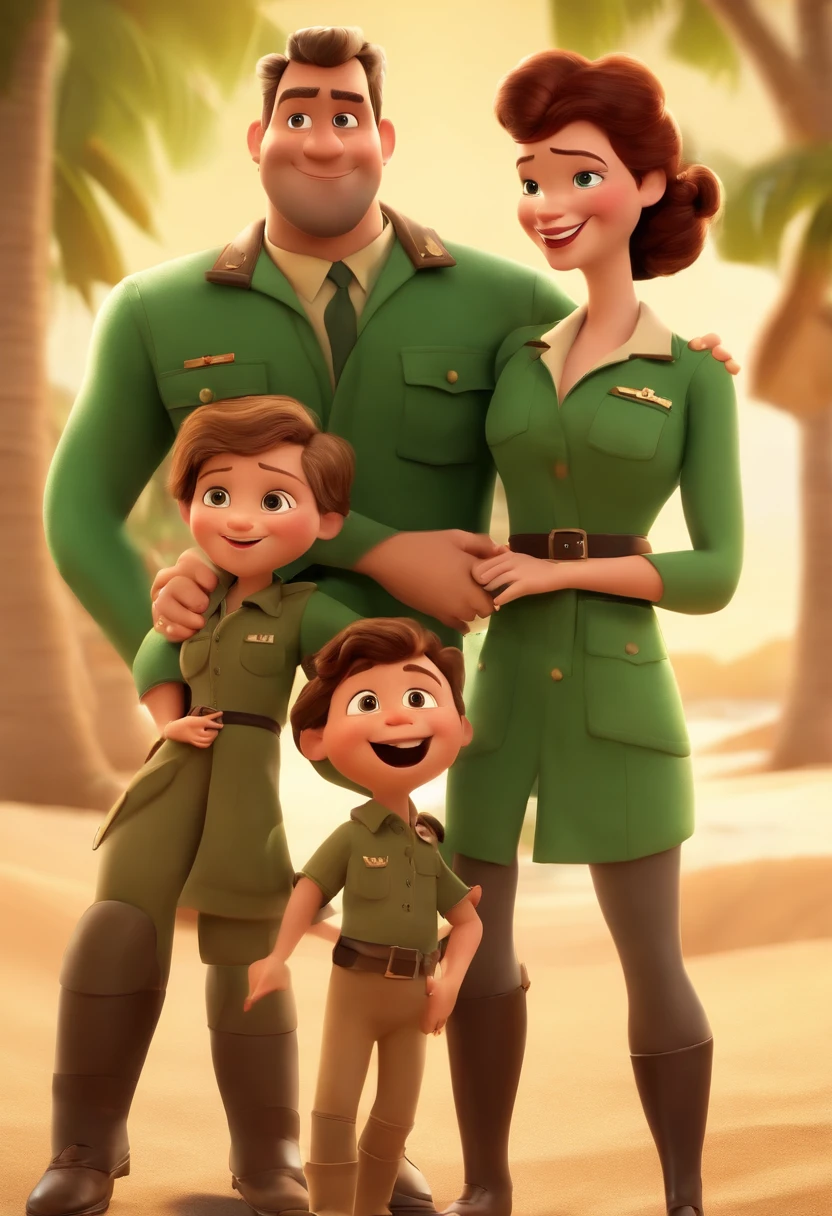 Create a Disney PIXAR-style 3D poster. ((centro da imagem, Family of 4)), ((Father and mother)) ((2 children)) ((O pai tem cabelo estilo militar castanho escuro e pele clara e barba castanho escuro e olhos verdes)) ((The mother has fair skin, cabelo longo amarelo e olhos verdes)) ((1 boy in front of mom and 1 girl in front of dad, They're hugging each other, O tem pele clara e cabelos amarelo e olhos castanhos verdes, 1 meninaele clara, olhos verdes e cabelos amarelos lisos)) ((tudo isso no estilo Disney PIXAR 3D, In the background, A paradisiacal beach with a soft beam of light))