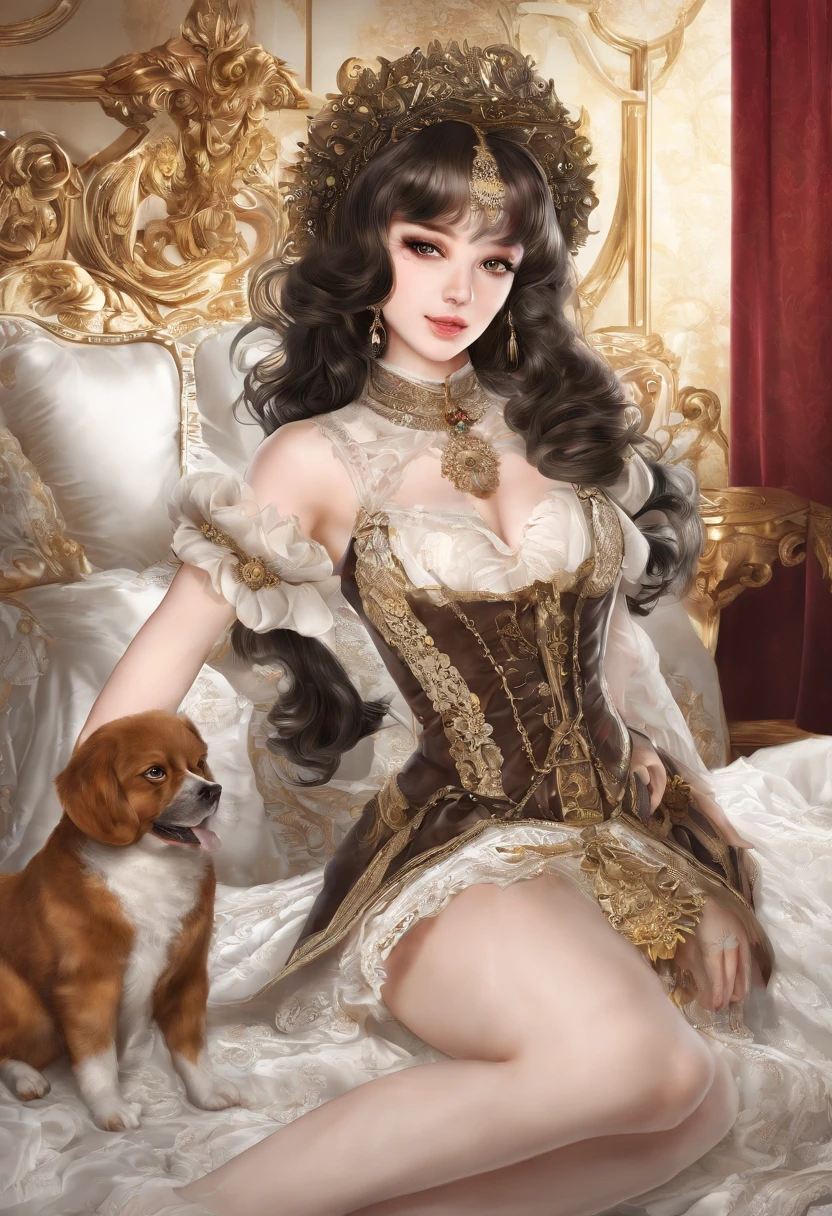 1 British noble princess,in the farm,(get down on the bed:1.2),(Being fucked by dogs:1.5),(Being stroked by a dog's crotch),seen from the side (((tmasterpiece))), ((best qualtiy)), ((intricately details)), ((ultra-realistic realism)), Ridiculous res, A MILF, Mature woman, ssee-through, highly detailed, illustratio, 1girll, ((Large breasts)), (areola of breast),perfect hand, detailed finger, Beautiful detailed eyes, Wavy curly hair, with brown eye, name badge, vd, (European medieval aristocratic clothing:1.2), a skirt,White stockings, 耳Nipple Ring, detailedbackground, Bedrooms, perfect eyes, Seductive eye,Cocked buttocks,Reddened face,(weeping:1.2),Confused eyes,Desires are satisfied
