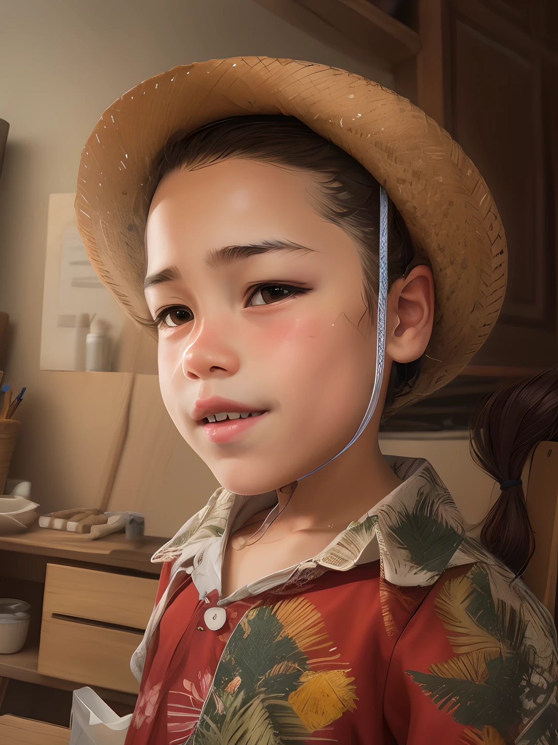 There's a boy wearing a straw hat and a red shirt, marcas no rosto, cabrito,  com rosto neutro, he is wearing a hat, meninoo, caracter with brown hat, with straw hat, 5 anos, with hat, Riyahd Cassiem, Directed by: Daniel Lieske, 4 anos de idade, wearing straw hat, pintura facial