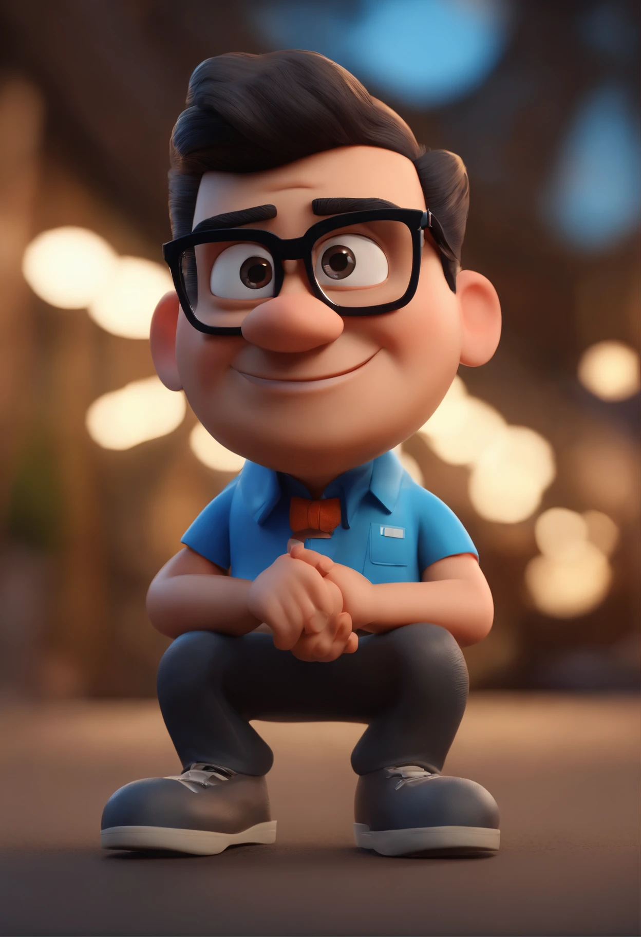 Cartoon character of a man wearing black glasses and a blue shirt, um personagem animado, Caractere estilizado, animation style rendering, 3D estilizado, Arnold Maya render, 3 d render stylized, toon render keyshot, Personagem 3D, Personagem 3D, 3d rendering stylized, 3 d character render, personagem de desenho animado, Personagem de close up, Pose de personagem, (Estilo Pixar) (master part:1.2) (Bokeh) (best quality) (pele detalhada) (textura detalhada) (8k) (argila) (Cinematic lighting) (foco nítido，Senta e vaza a parte superior do corpo