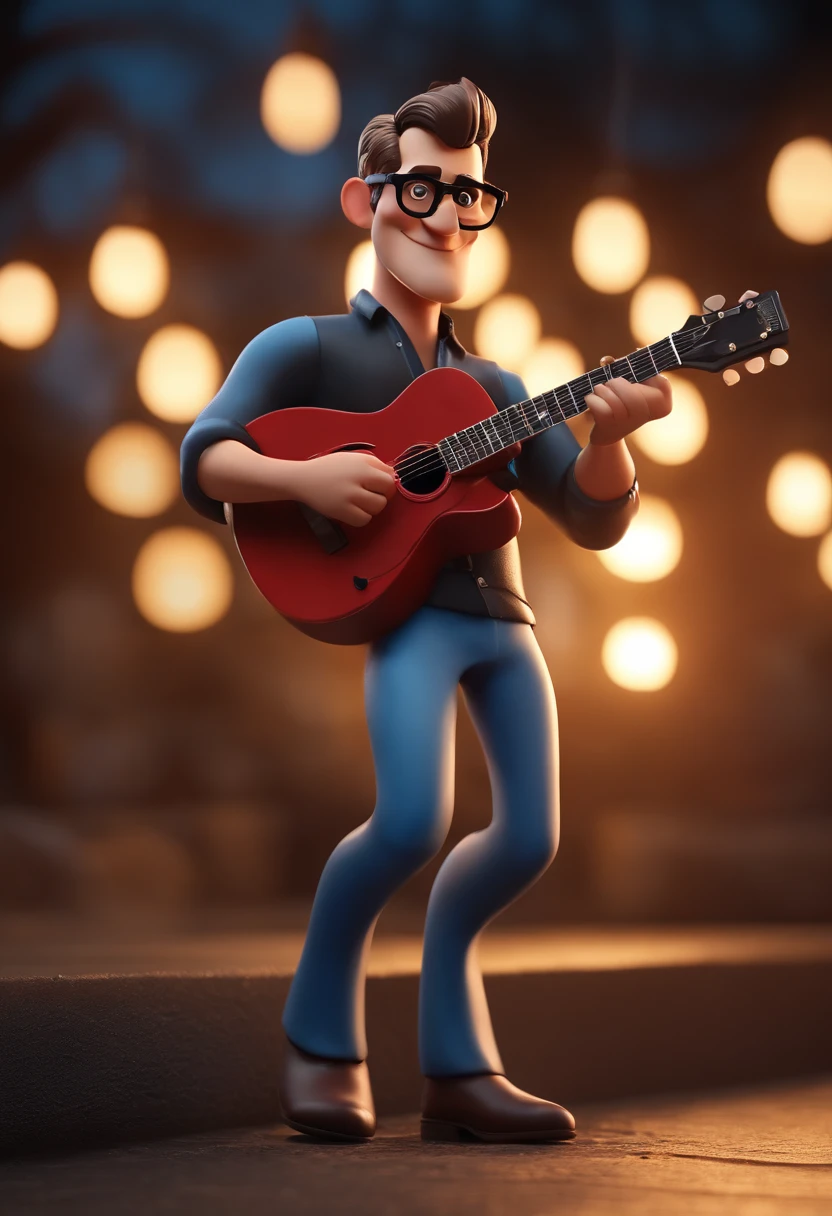 Cartoon character of a white man, playing Electric Guitar Fender, wearing black glasses and a blue shirt, um personagem animado, Caractere estilizado, animation style rendering, 3D estilizado, Arnold Maya render, 3 d render stylized, toon render keyshot, Personagem 3D, Personagem 3D, 3d rendering stylized, 3 d character render, personagem de desenho animado, Personagem de close up, Pose de personagem, (Estilo Pixar) (master part:1.2) (Bokeh) (best quality) (pele detalhada) (textura detalhada) (8k) (argila) (Cinematic lighting) (foco nítido,Senta e vaza a parte superior do corpo
