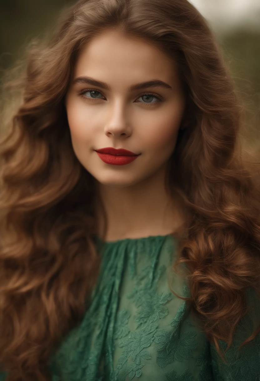 Retrato de um adolescente bonito, seios pequenos, vestido intrincado, sorriso suave, red lips, cabelo de gengibre, olhos verdes, realismo, pintura digital, arte conceitual, liso, foco nítido, rule of thirds, Estilo-Psico