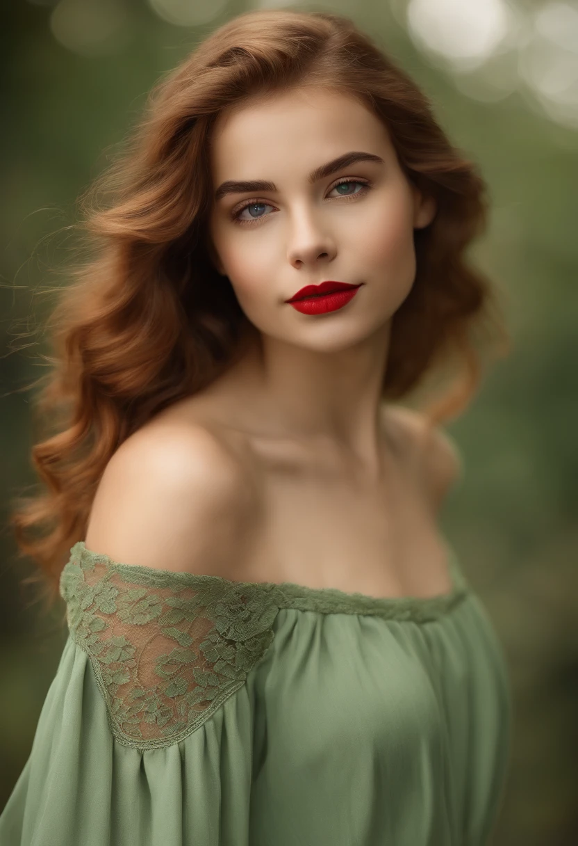 Retrato de um adolescente bonito, seios pequenos, vestido intrincado, sorriso suave, red lips, cabelo de gengibre, olhos verdes, realismo, pintura digital, arte conceitual, liso, foco nítido, rule of thirds, Estilo-Psico