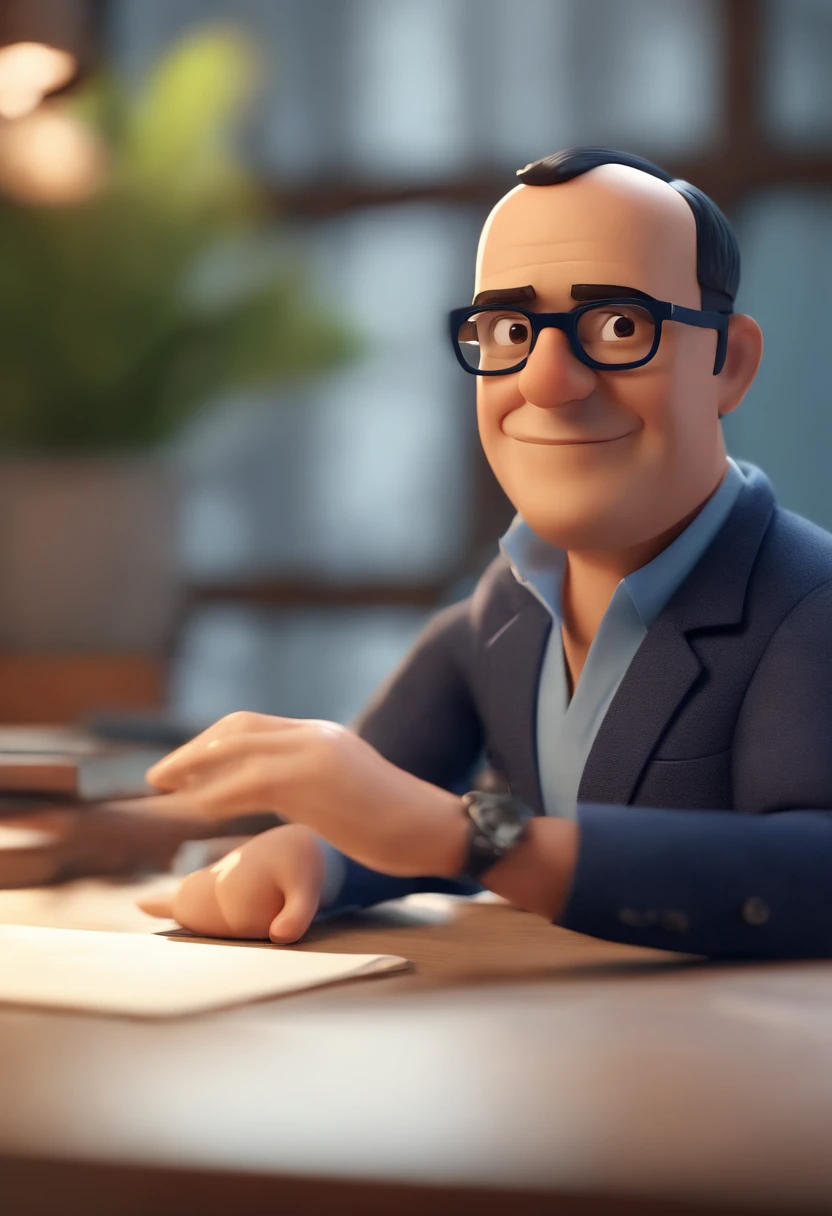 Cartoon character of a man wearing black glasses and a blue shirt, um personagem animado, Caractere estilizado, animation style rendering, 3D estilizado, Arnold Maya render, 3 d render stylized, toon render keyshot, Personagem 3D, Personagem 3D, 3d rendering stylized, 3 d character render, personagem de desenho animado, Personagem de close up, Pose de personagem, (Estilo Pixar) (master part:1.2) (Bokeh) (best quality) (pele detalhada) (textura detalhada) (8k) (argila) (Cinematic lighting) (foco nítido，Senta e vaza a parte superior do corpo