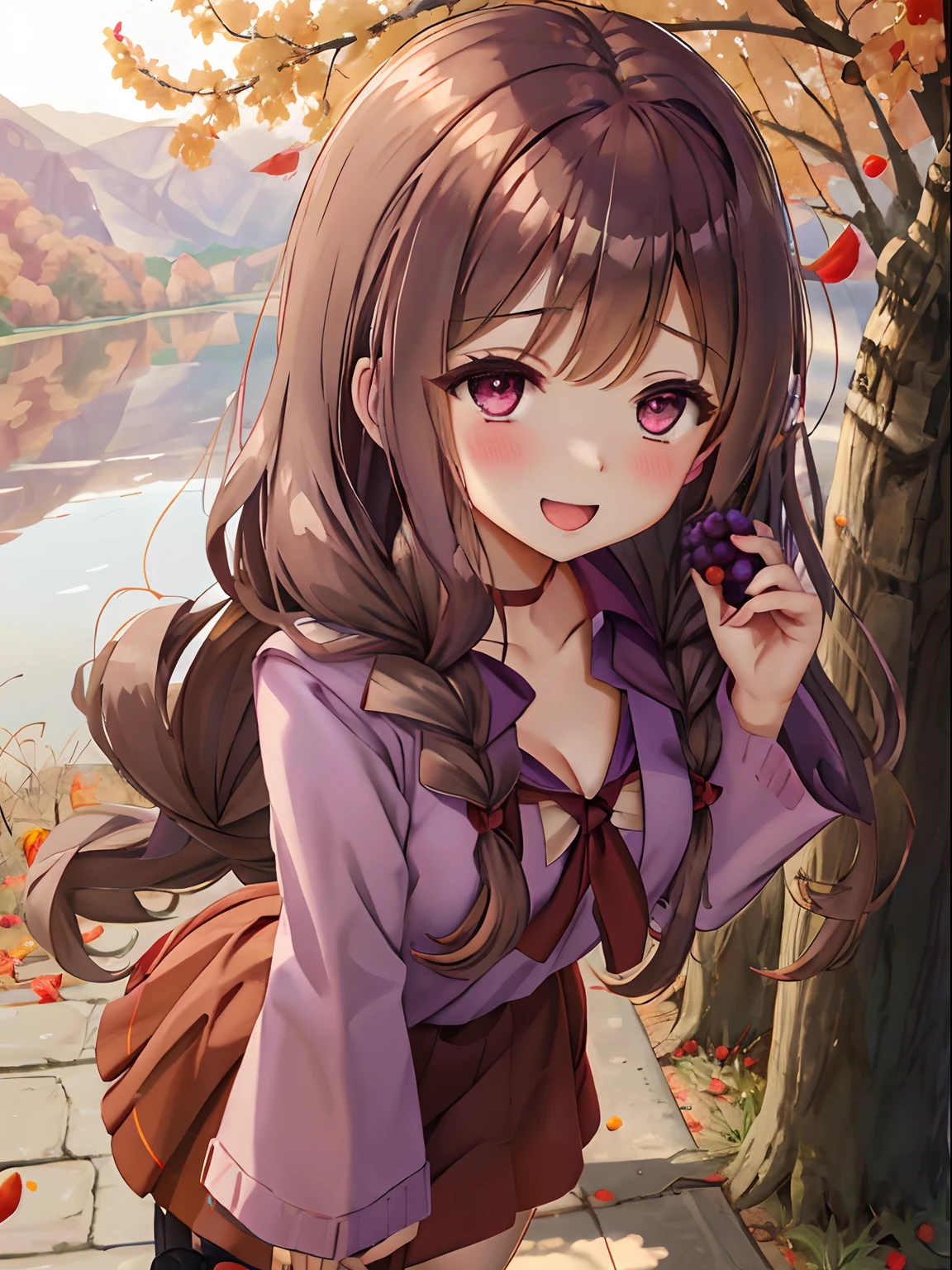 Fluffy long hair,Give bangs,Katyusha,Braids,Autumn outfit,Purple and light brown clothes,The sleeves of the clothes are a little long,I see a little cleavage,Moe Sleeve,Lots of nature around the lakeside,The tree々Autumn leaves in autumn,Fruit Accessories(Grapes,muscat),Upper Eyes,Two people walking hand in hand,red tide,delighted expression,