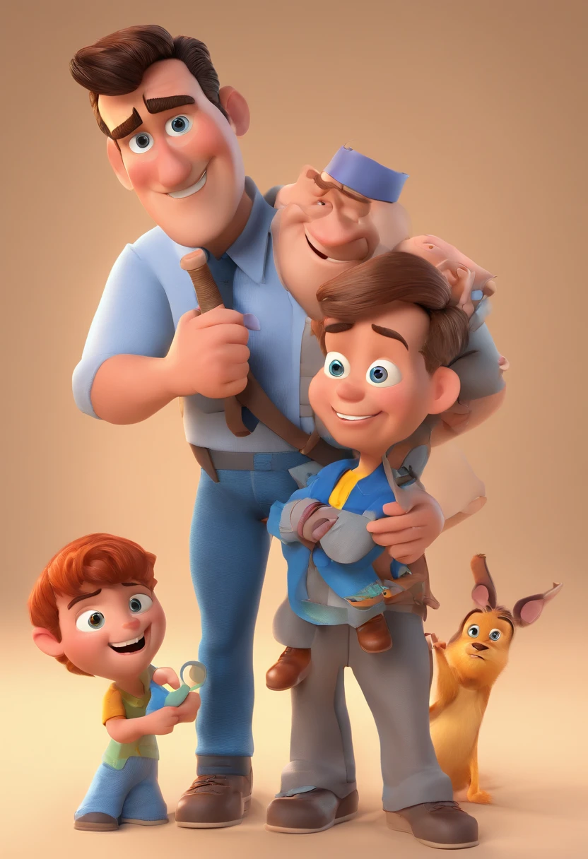 Estilo Pixar: The grown man is holding a naked blue-eyed boy and in his other hand he is holding a pair of scissors and is trying to cut off the boy's testicles,3D Poster,Disney