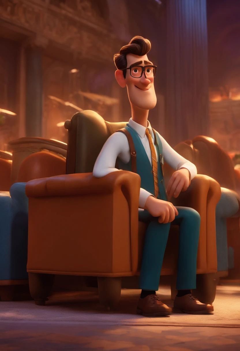 A city councilman looking at a dream project inspired by Pixar animation, de perto. The character takes center stage with captivating facial expressions, oferecendo um toque de irrealidade