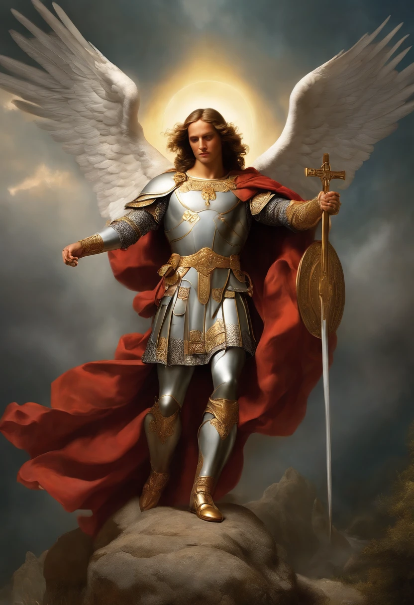 homem com uma espada e um escudo, by Nicomachus of Thebes, inspired by Nicomachus of Thebes, Arcanjo Miguel, Santo ortodoxo, orthodox saint christopher, christian saint, saint michael the angel, Grande Rei de Stovokor, pintura bizantina, iconografia sagrada, roman catholic icon, bizantino