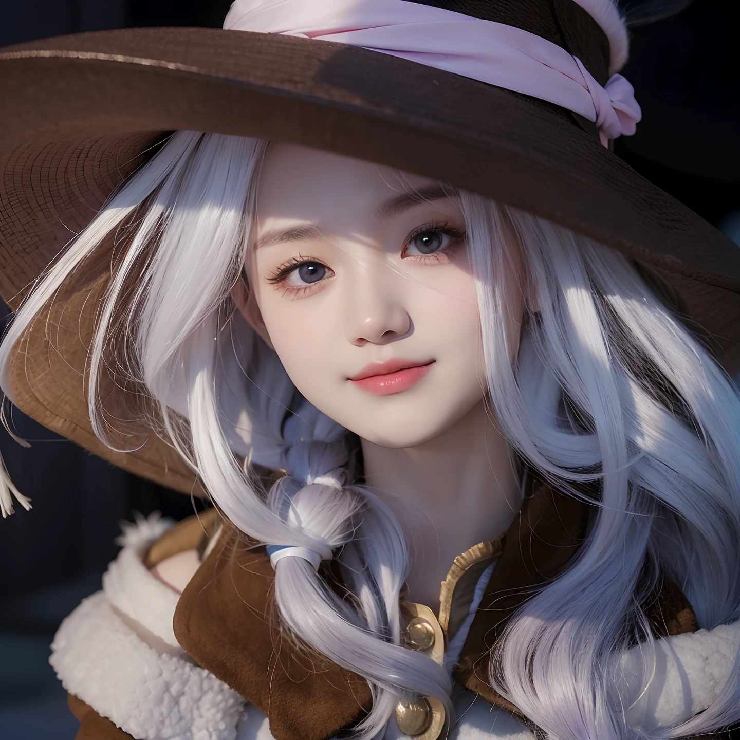 A girl with realistic white long hair, exactly the same realistic hairstyle, realistic Korean beautiful face,Realistic thin smiling expression, realistic bright purple eyes, exactly realistic hat,Adapt clothes exactly the same,Realistic light, realistic shadows, realistic background