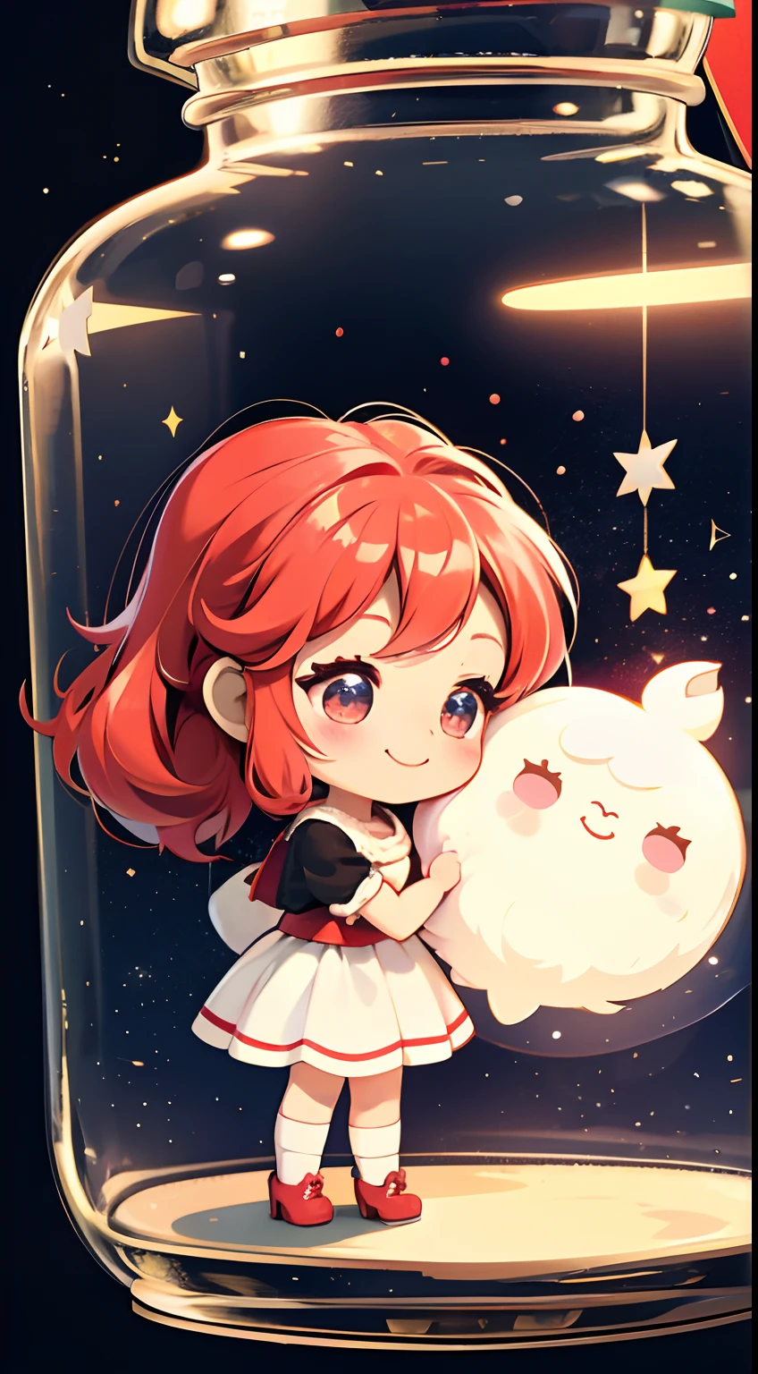 A chibi doll trapped in a magic jar、Doll presents with a cute girl dressed as Santa Claus、A smile、Chibi Doll、Stars in the eyes(kirakira)、Eye Up、Laugh、Cute red shoes、foco nítido, Ultra Detail, radiant light、bio luminescent、Taken from the side、Stronger bokeh effect