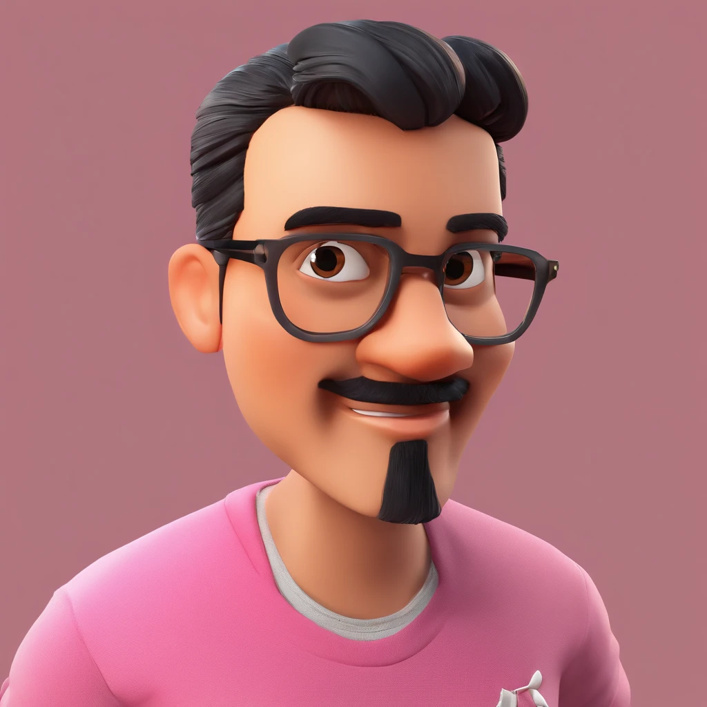 Criar imagem estilo pixar. Trata-se de um homem de 35 anos, com barba levemente grisalha e alongada no queixo, ?????, tattoos on arms, com cabelos castanhos curtos e raspados na lateral, sign on the face near the nose, alargador pequeno nas orelhas, brown eyes and glasses. Ele deve estar na frente de um computador na escola, camiseta rosa, colar de crucifixo prata