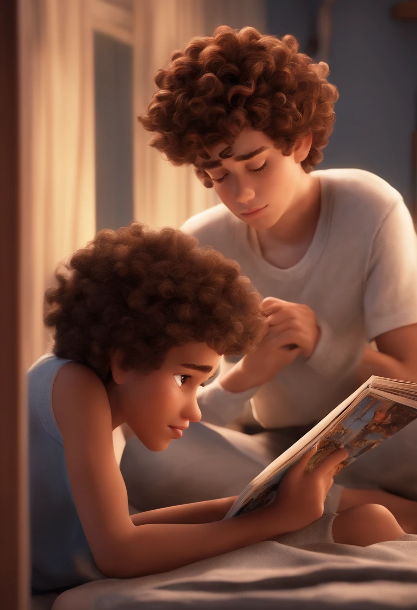 A -year-old age bir reading comics in Pixar animation, de perto. Facial expressions are captivating, com um toque de irrealidade.