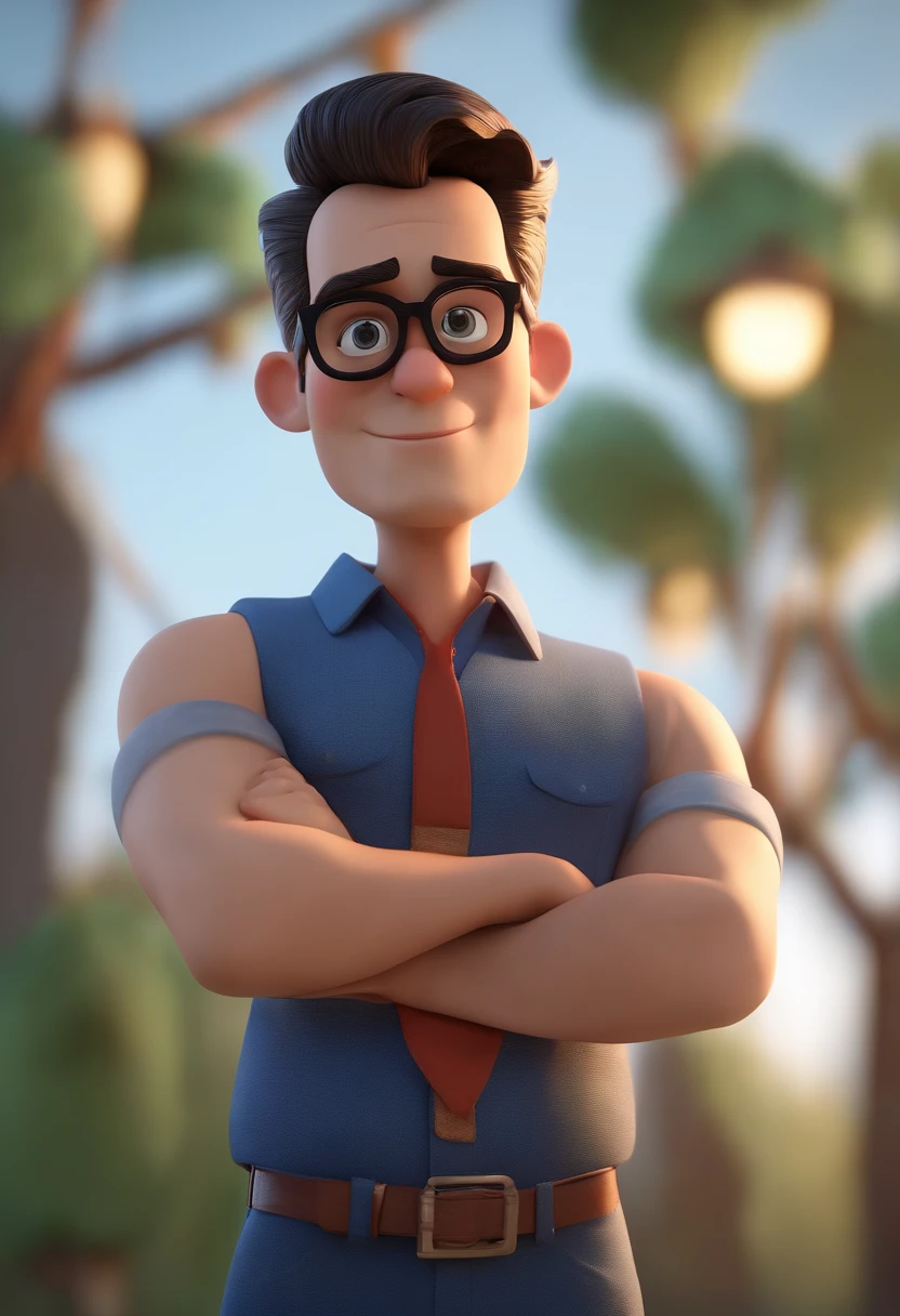 Cartoon character of a man wearing black glasses and a blue shirt, um personagem animado, Caractere estilizado, animation style rendering, 3D estilizado, Arnold Maya render, 3 d render stylized, toon render keyshot, Personagem 3D, Personagem 3D, 3d rendering stylized, 3 d character render, personagem de desenho animado, Personagem de close up, Pose de personagem, (Estilo Pixar) (master part:1.2) (Bokeh) (best quality) (pele detalhada) (textura detalhada) (8k) (argila) (Cinematic lighting) (foco nítido,Senta e vaza a parte superior do corpo