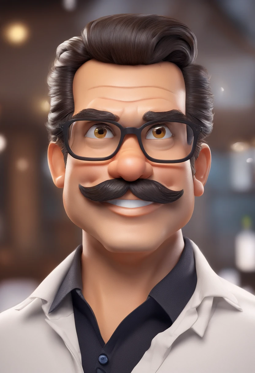 ((best quality)), ((master part)), ((desenhos animados realistas)), ((Personagem perfeito)) - Um retrato frontal meticulosamente detalhado e realista de um homem com cabelo raspado, glasses and a shirt with beautiful textures. O homem olha diretamente para o espectador, Establish a strong and confident presence. The image captures their distinctive facial features, accurately showing the brightness of your eyes and the design of your glasses. The black shirt is rendered with fine details, aumentando o profissionalismo do retrato. Enviado para documentos oficiais, this portrait is presented in impressive 8K UHD resolution, Ensure clarity and unique protection.