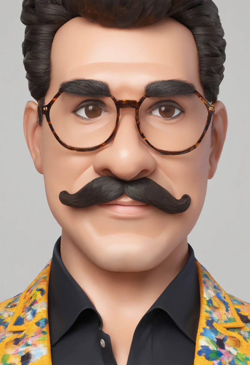 ((best quality)), ((master part)), ((desenhos animados realistas)), ((Personagem perfeito)) - Um retrato frontal meticulosamente detalhado e realista de um homem com cabelo raspado, glasses and a shirt with beautiful textures. O homem olha diretamente para o espectador, Establish a strong and confident presence. The image captures their distinctive facial features, accurately showing the brightness of your eyes and the design of your glasses. The black shirt is rendered with fine details, aumentando o profissionalismo do retrato. Enviado para documentos oficiais, this portrait is presented in impressive 8K UHD resolution, Ensure clarity and unique protection.