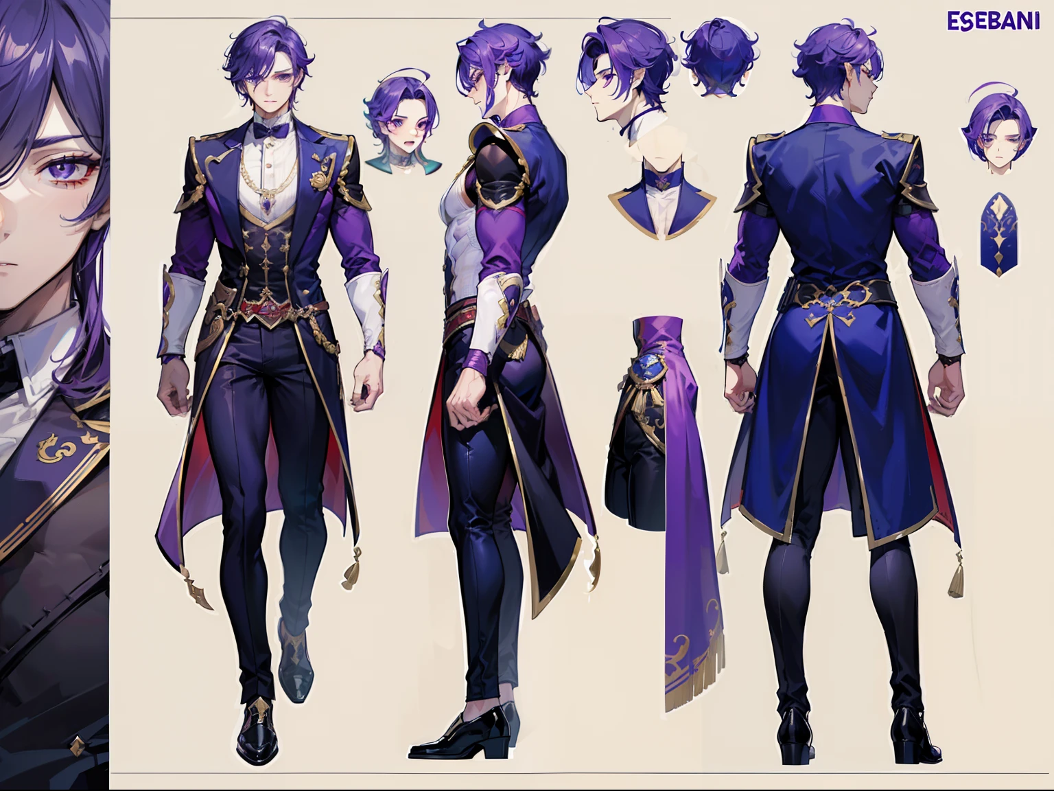 ((Masterpiece, Highest quality)), Male, boy, Detailed face, character design sheet,full body esbian, Full of details, frontal body view, back body view, Highly detailed, Depth, Many parts, Muscle boy with purple hair,handsome man, vampire outfit clothes, Genshin Impact, man tall, pectoral muscles, abs