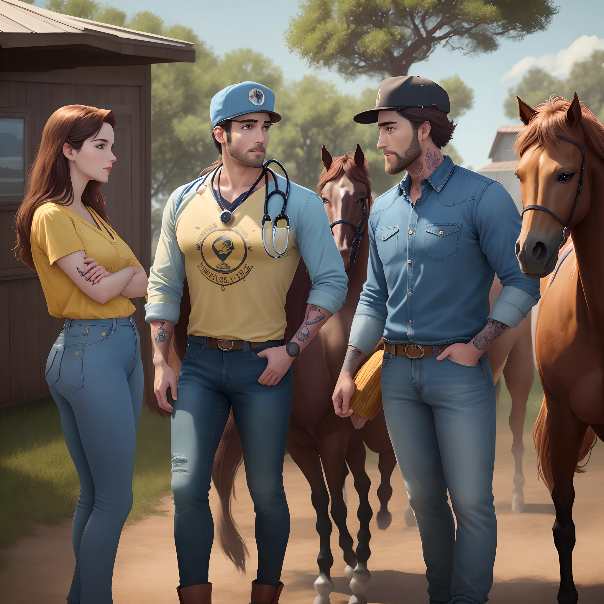 Criar cartaz estilo pixar, de um homem de pele clara, barba curta, escura, blue and yellow cap with ZECAVET lettering on the front, tattoo on arm right, roupa country, camisa xadrez, Denim Jeans Pants, botas, Veterinarian doctor with stethoscope on a cinematic set containing horses and trees