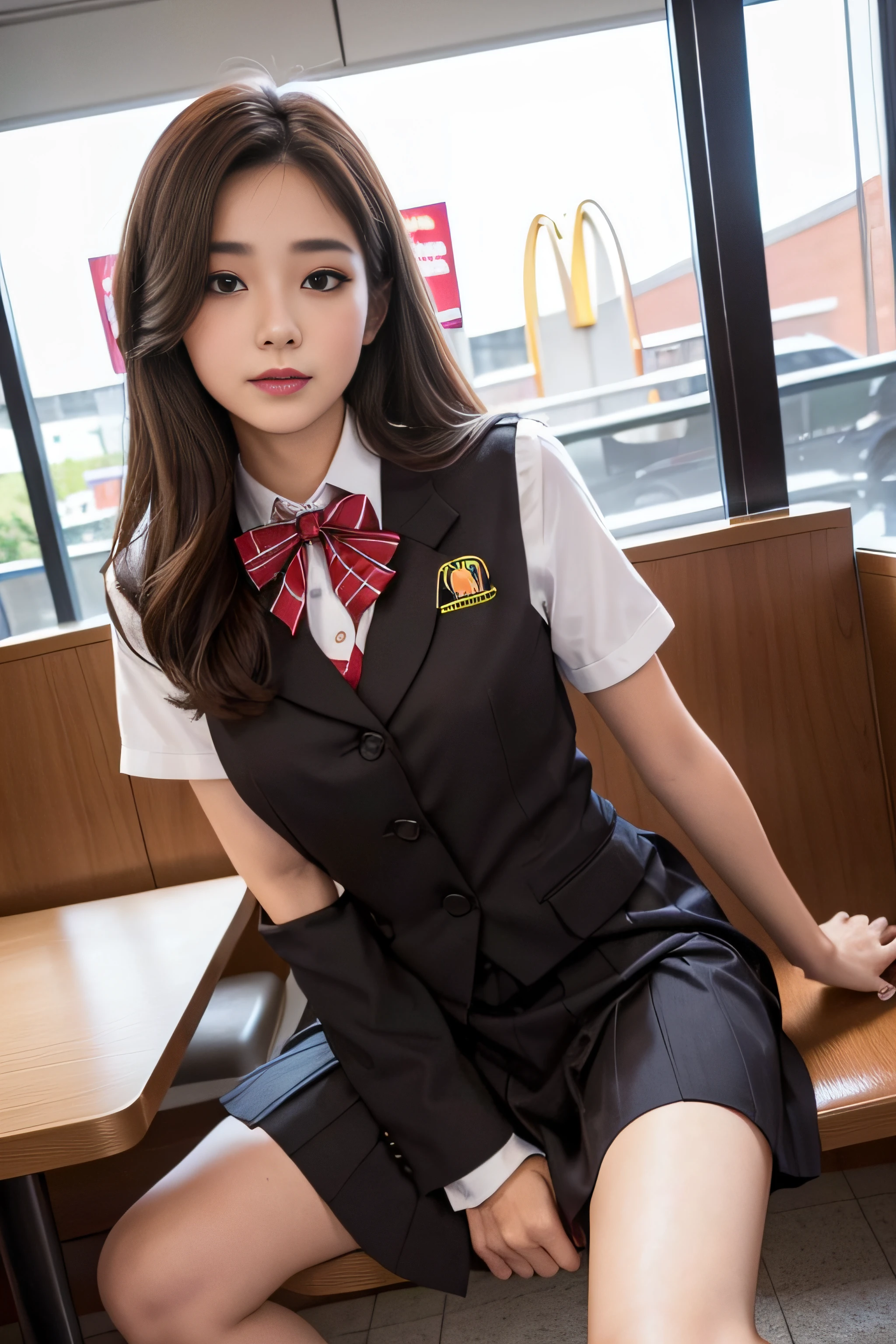 1womanl、(Super beautiful)、(beauitful face)、A detailed face、Take a seat at McDonald's、with spreading legs、(high-school uniform)、(Wearing makeup)、Brown hair