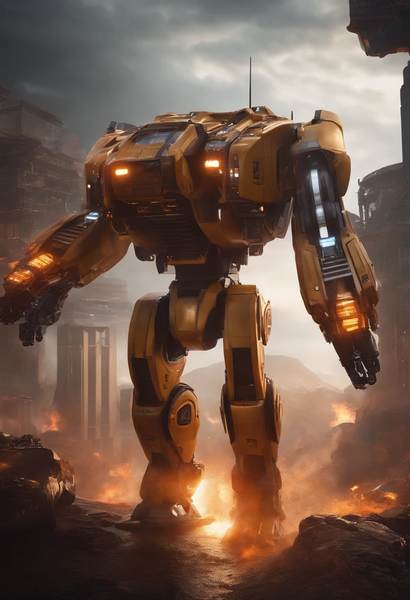 master part,Arte Oficial,8k, master part, best quality, altamente detalhado, Futuristic, Dynamic, brilhante, metalic, robotic,, , Cyberworld,Mecha:1.2,ondas de energia,Explosions,high-tech buildings,neon lights,smoke and dust.