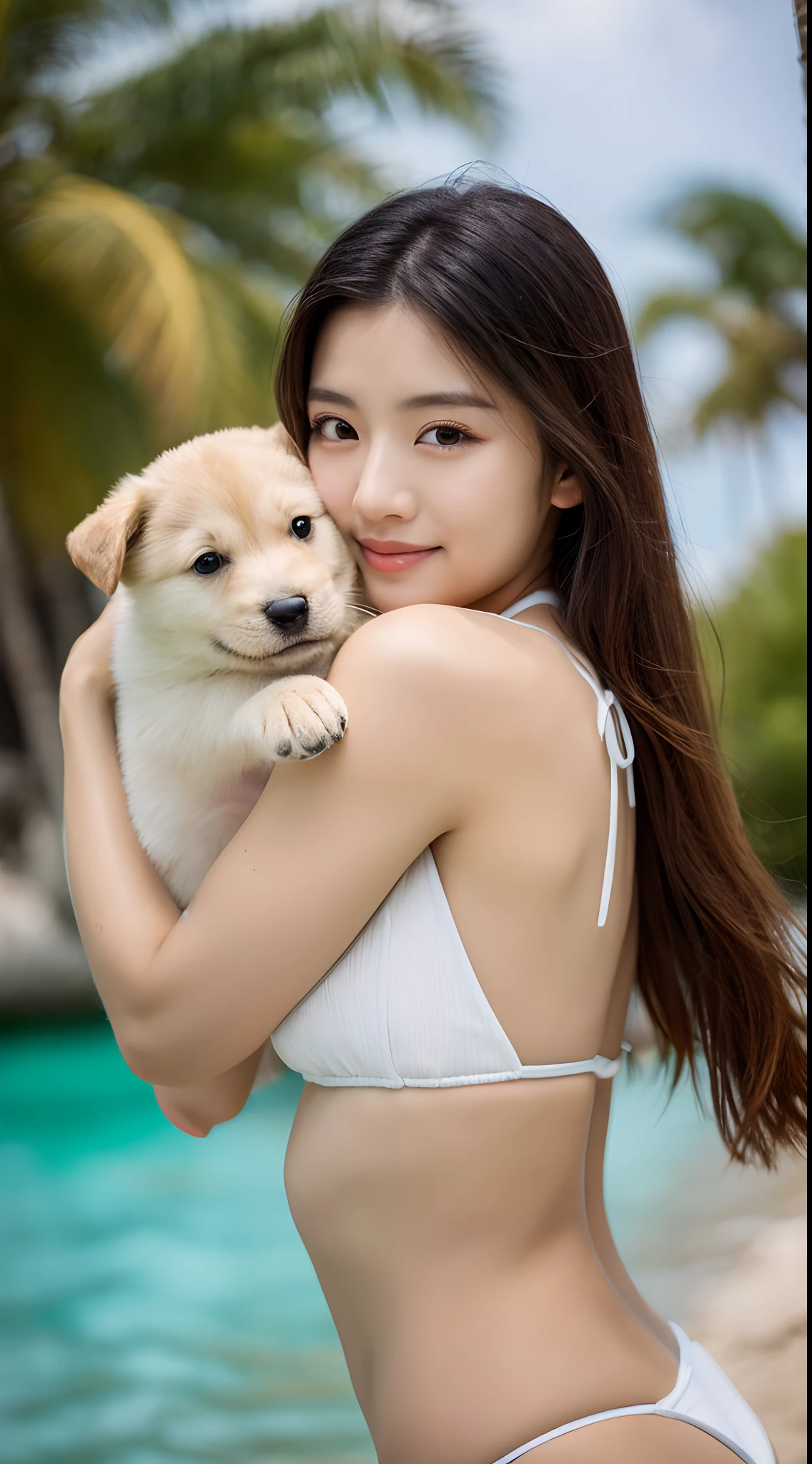 Top quality, high resolution, 8K, masterpiece, masterpiece, best quality, photorealistic, super detailed, fine details, sharp focus: 1.3, (1girl)), (Maldives's crystal clear sea and white sandy beach and palm trees), (A woman hugging a Puppy), (life shot), (white string bikini), long bronze hair, beautiful face, Japanese beauty, beautiful long legs, beautiful facial features, Korean makeup, very detailed face and skin texture, double eyelids, white skin, clean long legs, model-like body shape, best style: 1.8,