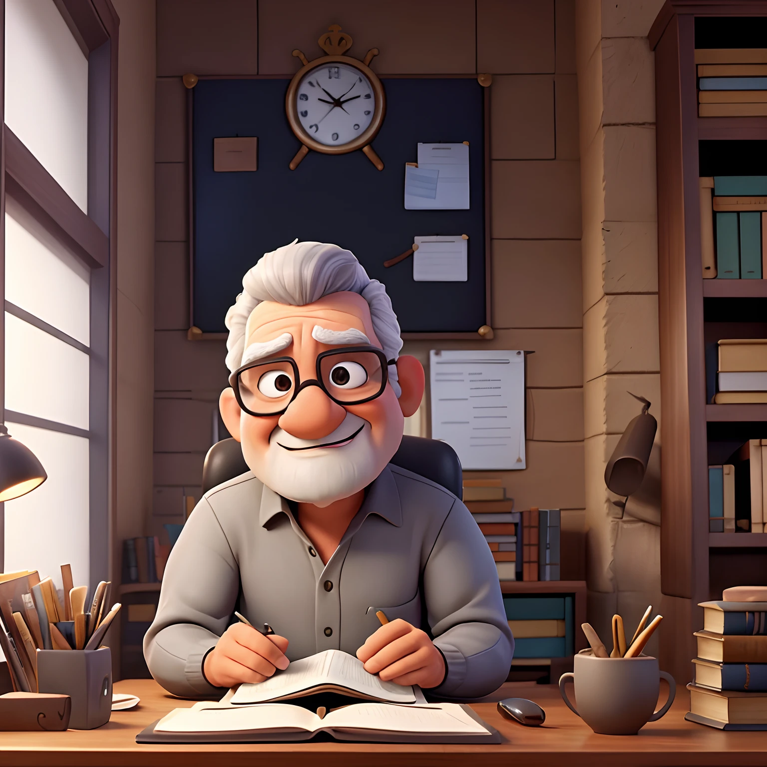 velho, inspirado na Disney Pixar, Inspirado pelo pastor ( Rubens Janeiro ) A gray-haired man wearing glasses in an office with a book on the table looking to the serious future, old man, cabelos grisalhos, um terno