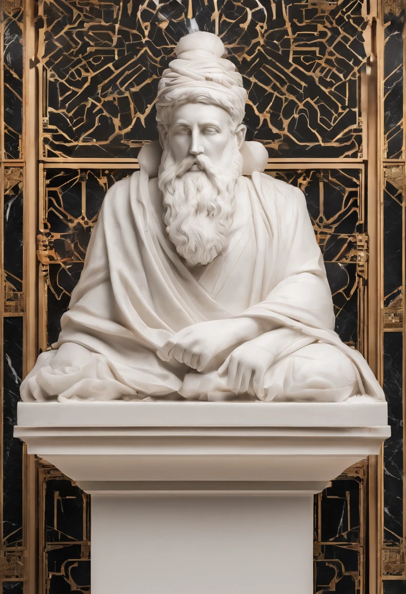 White Marble Bust Statue of Wise Man 40 Years with Greek Philosopher Style Without Beard, nariz afilado olhos vivos, cabelo de lado, no museu. atmosfera escura, alto contraste de luz e sombra, fotografia profissional, utrarealista, light volumetric, cinemactic