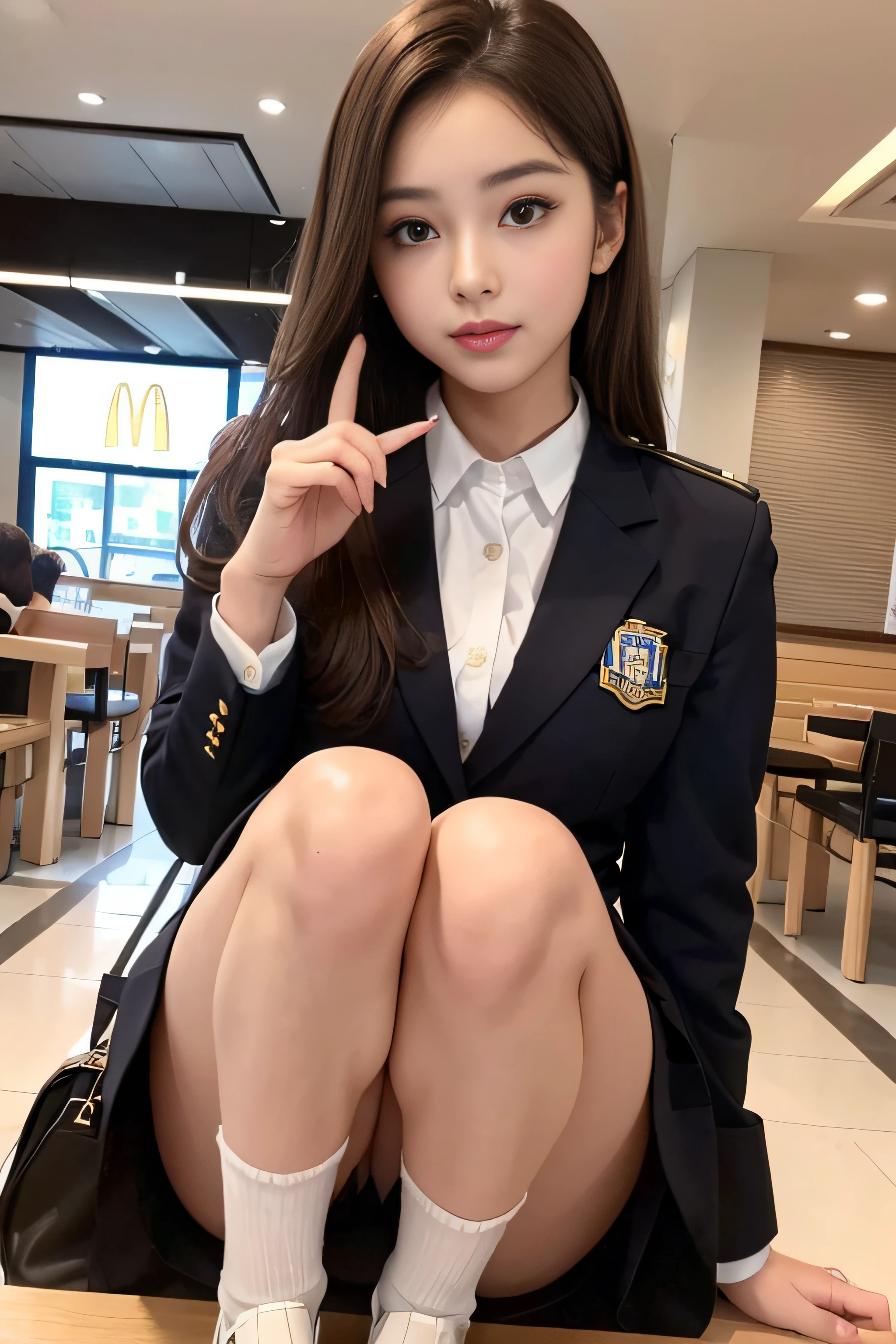 1womanl、(Super beautiful)、(beauitful face)、A detailed face、Take a seat at McDonald's、with spreading legs、(high-school uniform)、(Wearing makeup)、Brown hair