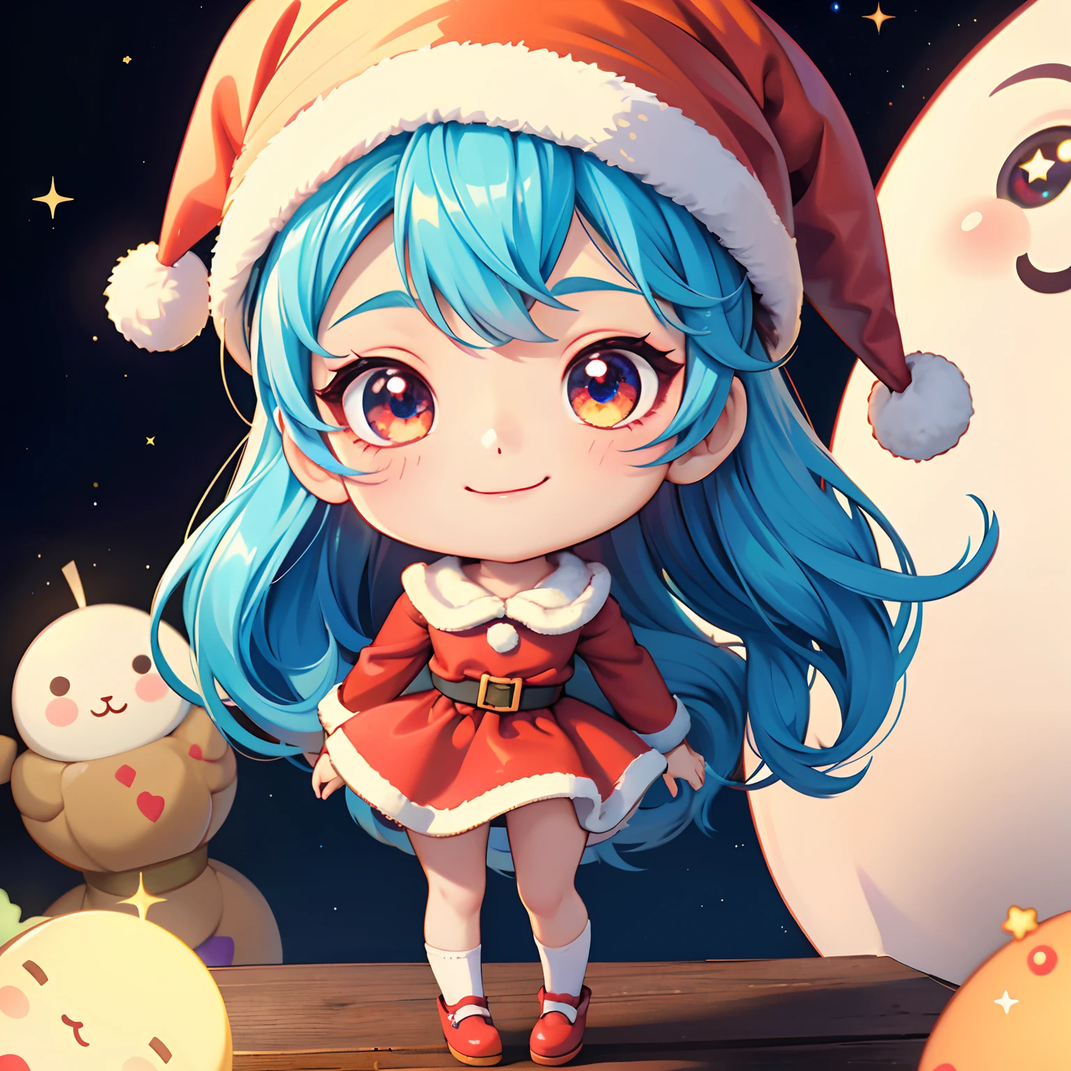 A chibi doll trapped in a magic jar、Cute girl dressed as Santa Claus and doll present、A smile、Chibi Doll、Stars in the eyes（kirakira）、Eye Up、Laugh、Cute red shoes、foco nítido, Ultra Detail, radiant light、bio luminescent、Taken from the side、Stronger bokeh effect