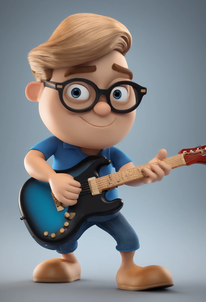 Personagem de desenho animado de um homem branco, jogando Electric Guitar Fender, Wearing black glasses and a blue shirt, um personagem animado, Caractere estilizado, animation style rendering, 3D estilizado, Arnold Maya render, 3 d render stylized, toon render keyshot, Personagem 3D, Personagem 3D, 3d rendering stylized, 3 d character render, personagem de desenho animado, Personagem de close up, Pose de personagem, (Estilo Pixar) (master part:1.2) (Bokeh) (best quality) (pele detalhada) (textura detalhada) (8k) (argila) (Cinematic lighting) (foco nítido,Senta e vaza a parte superior do corpo