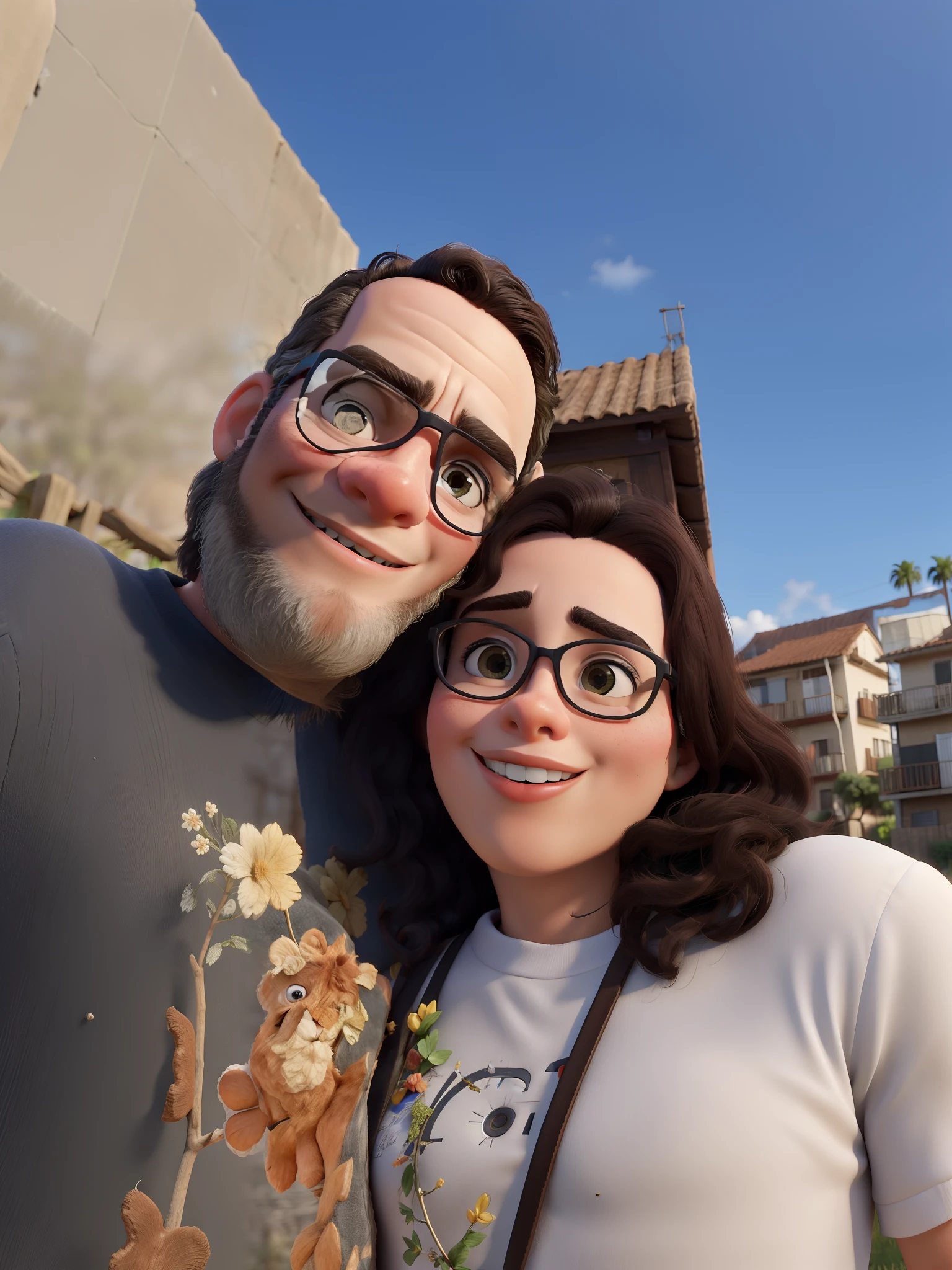 Homem e mulher um ao lado do outro, with a rural landscape behind.