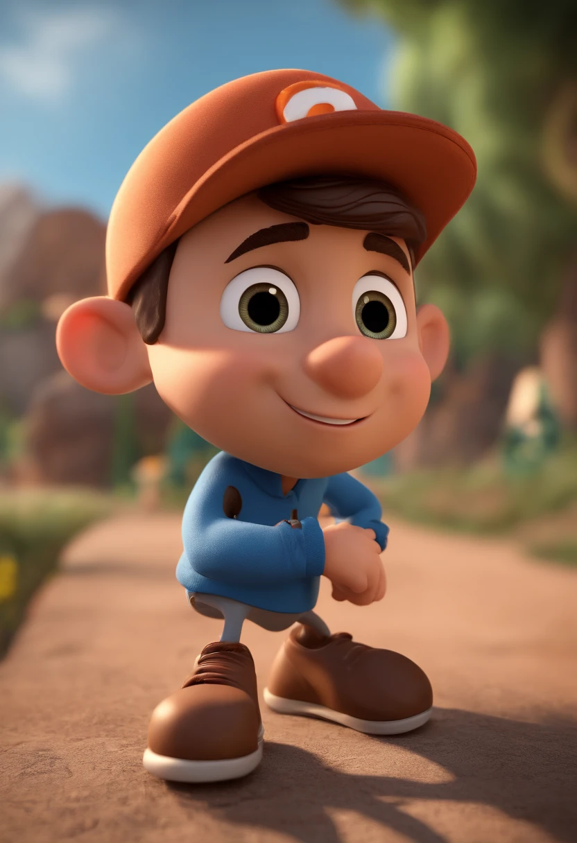 Cartoon character of a man wearing cap and a blue shirt, um personagem animado, Caractere estilizado, animation style rendering, 3D estilizado, Arnold Maya render, 3 d render stylized, toon render keyshot, Personagem 3D, Personagem 3D, 3d rendering stylized, 3 d character render, personagem de desenho animado, Personagem de close up, Pose de personagem, (Estilo Pixar) (master part:1.2) (Bokeh) (best quality) (pele detalhada) (textura detalhada) (8k) (argila) (Cinematic lighting) (foco nítido,Senta e vaza a parte superior do corpo