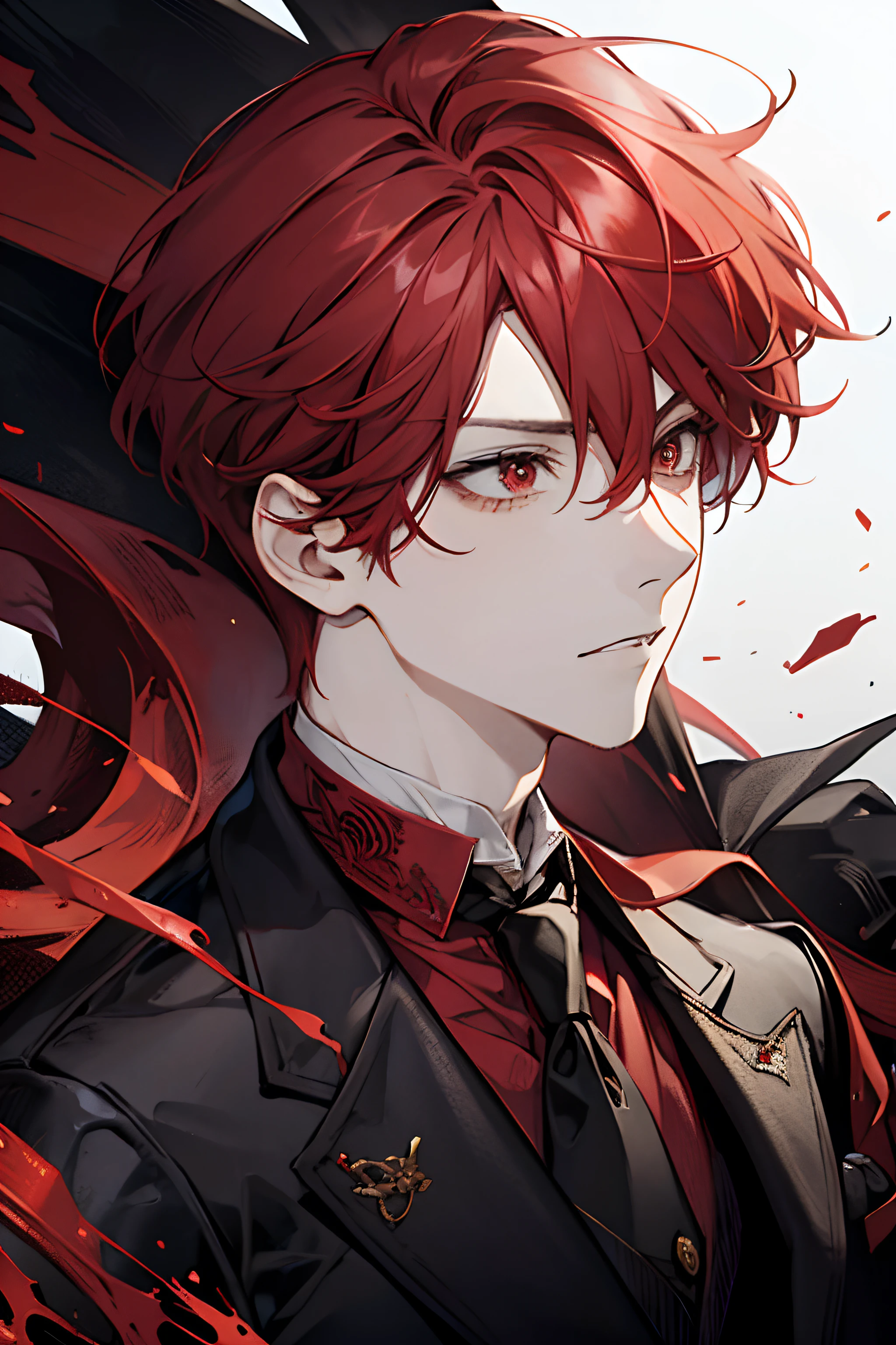 1 man, Red hair, Black and Red formal suit, one Red and one Yellow eye