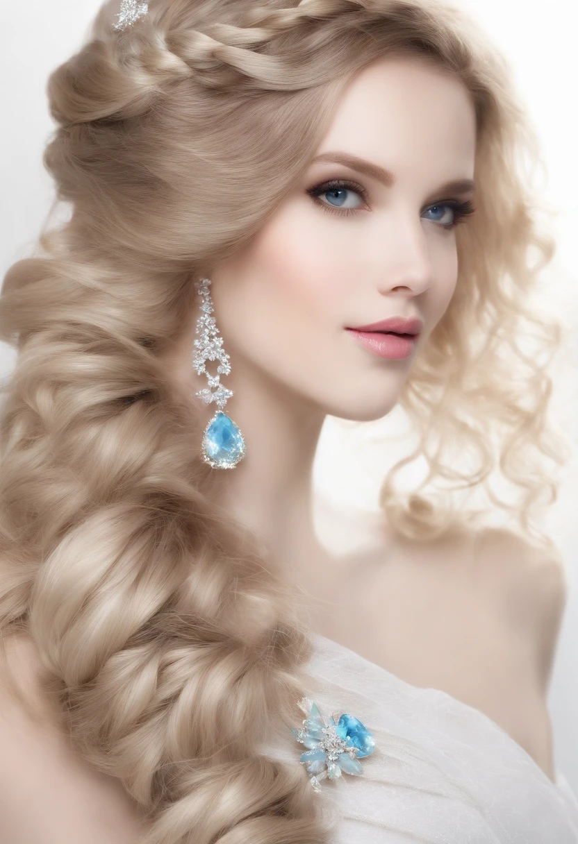 master part, best quality, high resolution, (fundo branco: 1.4), [Glitter], [Looking at the Viewer, retrato, 1  chinesa doce], (cabelos longos, cabelos azuis, cachos ondulados, Large Multicolored twisted braid: 1.3, orelhas de raposa peluda, Estrondos de ar), Mangas curtas brancas off-the-shoulder, delicate facial features, pink lips, Brincos, colar