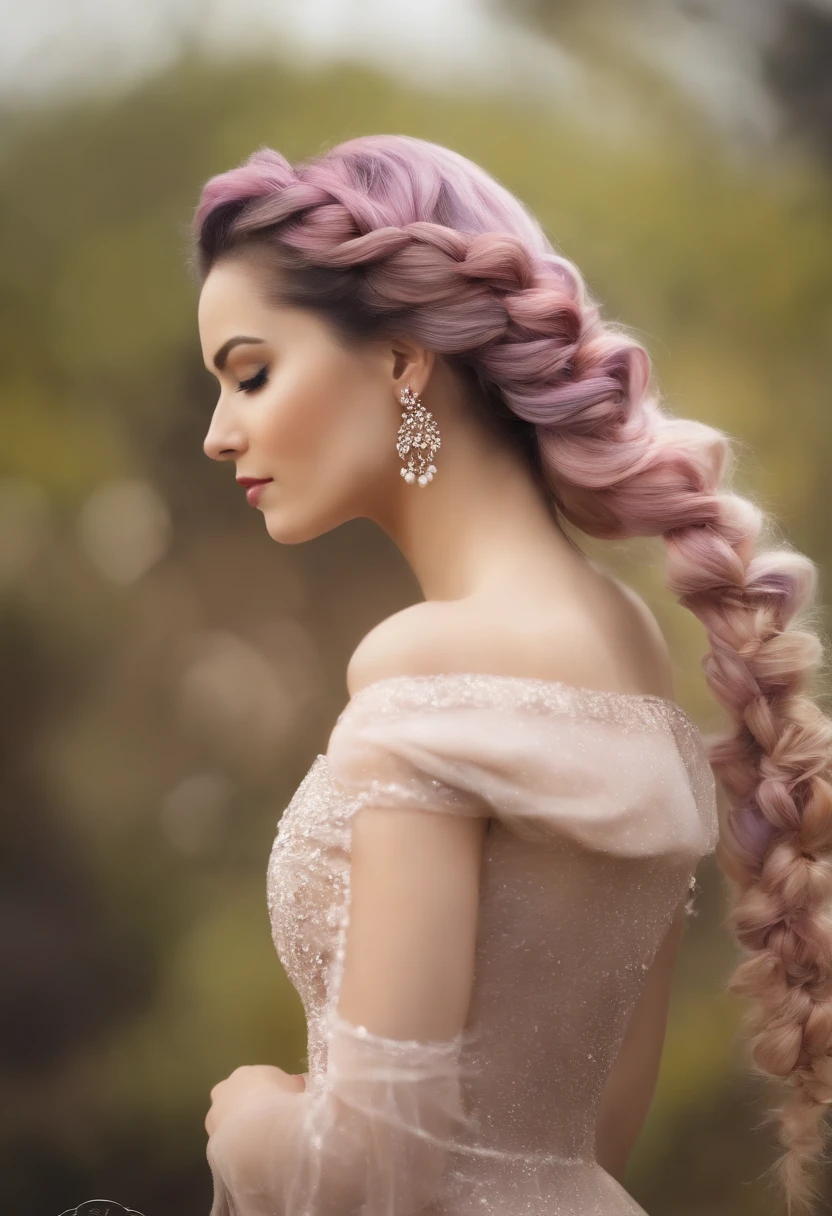 master part, best quality, high resolution, (fundo branco: 1.4), [Glitter], [Looking at the Viewer, retrato, 1 Menina chinesa doce], (cabelos longos, cabelos azuis, cachos ondulados, Large Multicolored twisted braid: 1.3, orelhas de raposa peluda, Estrondos de ar), Mangas curtas brancas off-the-shoulder, delicate facial features, pink lips, Brincos, colar