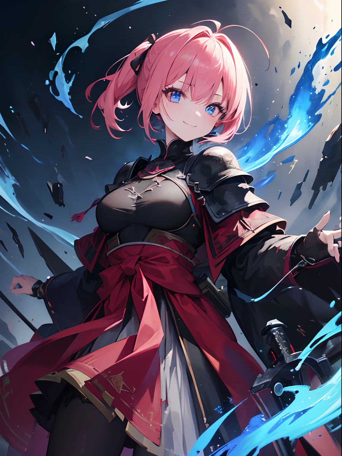 ((top-quality)),(An unparalleled masterpiece),(Super exciting),(Unified 8K),(extremely clear),(Very sophisticated),(Anime-like),(2D Photography)、portrait of a full body、1 Japan Girl、a baby face、Pink shorthair、Pink short ponytail、Hair Ribbon、Ahoge、drooing eyes、blue eyes、long eyelashes、tthin eyebrows、Beautiful breasts、Dark Fantasy、Medieval Europe、Dark city background、Mischievous smile、Full plate armor all over the body、Black cloak、Extreme Blood Depictions、stained with blood、blood pool、Face gets dirty、Blood sticks together、Blood anyway、Wearing blood、is standing、Dark Knight、Blood splatters on armor and cloaks、Blood splatters on the face、Depiction of blue flames、Focus on facial expressions