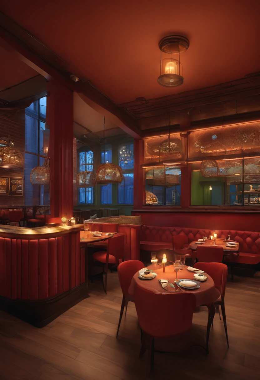 Desenho estilo 3D Pixar de um restaurante chique no centro da cidade com um personagem em primeiro plano, logotipo La'Carte