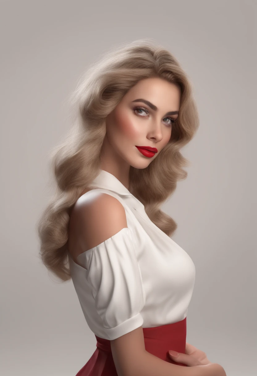 personagem dos desenhos animados de uma mulher com uma camisa branca e um batom vermelho, with very thin lips, faint red lips, neck zoomed in from lips down, usando maquiagem profissional, close up tiro de meio corpo, Sorriso fraco Batom escuro, com maquiagem profissional, Rosto com ArtGram, queixo ligeiramente redondo, full lips, Batom vermelho no rosto, thick lips, rosto redondo completo, Caractere estilizado, animation style rendering, 3D estilizado, Arnold Maya render, 3 d render stylized, toon render keyshot, Personagem 3D, Personagem 3D, 3d rendering stylized, 3 d character render, personagem de desenho animado, Personagem de close up, Pose de personagem, (Estilo Pixar) (master part:1.2) (Bokeh) (best quality) (pele detalhada) (textura detalhada) (8k) (argila) (Cinematic lighting) (foco nítido