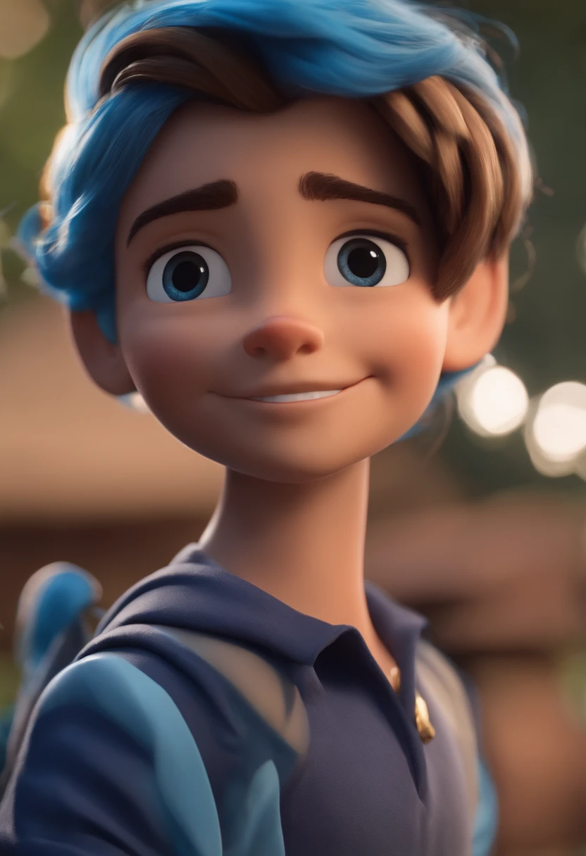 Garoto, estilo disney, tom de pele: claro:  Cabelo: marrom escuro, encaracolado, curto, penteado para o lado direito. camisa: social, Cor azul. Fundo: Gray and white gradient,Comemorando, Hands raised, sorrindo, feliz, (estilo pixar) (obra-prima:1.2) (bokeh) (melhor qualidade) (pele detalhada) (textura detalhada) (8k) (claymation) (cinematic lighthing) (foco nítido