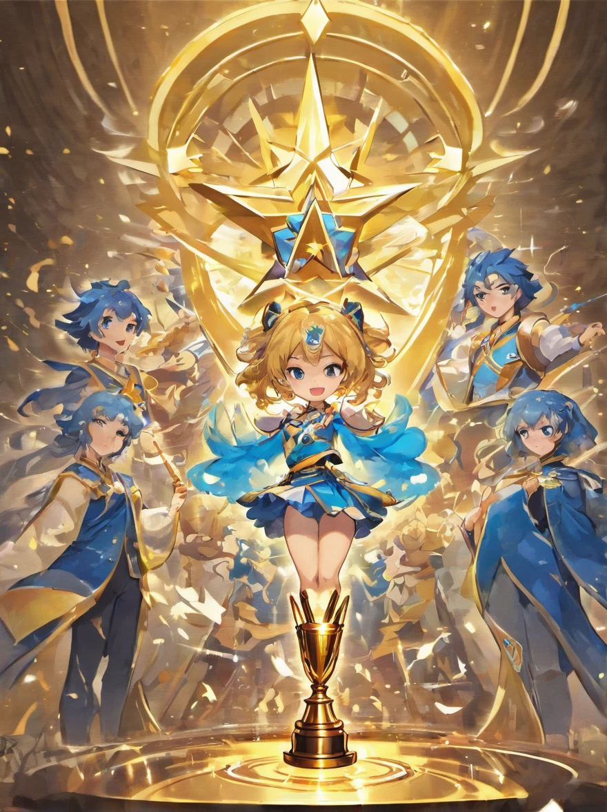 Background tone：I chose a bright and fresh blue color as the background color for the overall poster，It represents the clarity and freshness of immersion in the atmosphere of English learning。
Theme rendering：In the center of the poster，I placed a huge golden star-shaped trophy，It symbolizes the honor and courage of the game。The trophy is surrounded by a shining five-pointed star，It symbolizes the excellence and talent of the contestants。
Fonts and titles：Use a clean and sophisticated font layout，I'll name the theme《English Comprehensive Quality Competition》Placed above the trophy，and a gradient of golden shades，Highlight its importance and nobility。
Slogans and slogans：I added a catchy slogan and slogan underneath the poster，Such as "shine your English star" or "Challenge yourself."，Show your English skills"。These words are meant to attract attention，and inspire them to participate in the competition。
Picture element：To increase the visual appeal of the poster，I cleverly interspersed some pictorial elements of English letters and words，Like a book、pens and computers, etc。These patterns symbolize learning and progress，And the theme of the competition was further emphasized。