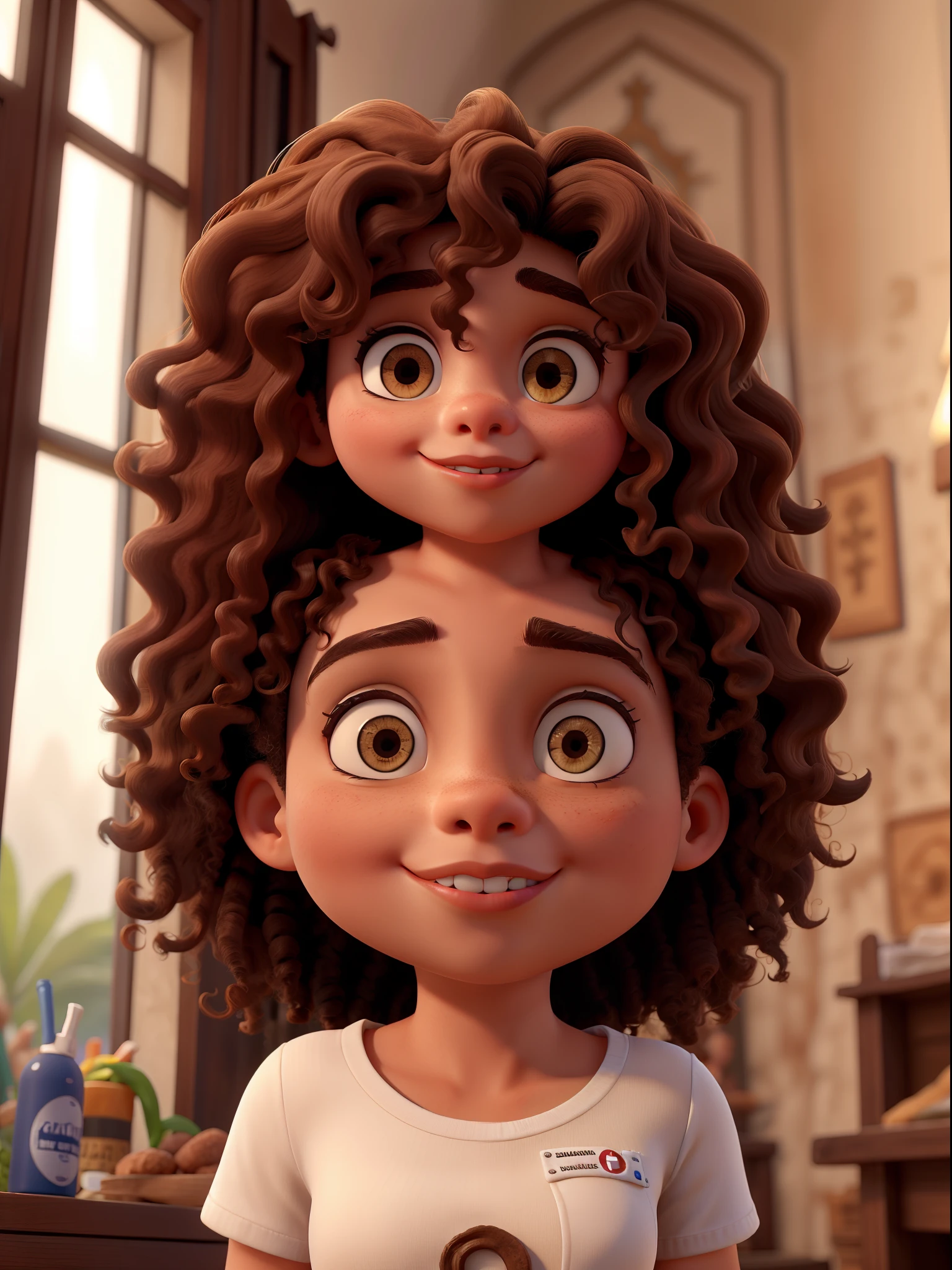 Jovem de pele escura, olhos castanhos, Curly brown hair with Jesus behind looking at her